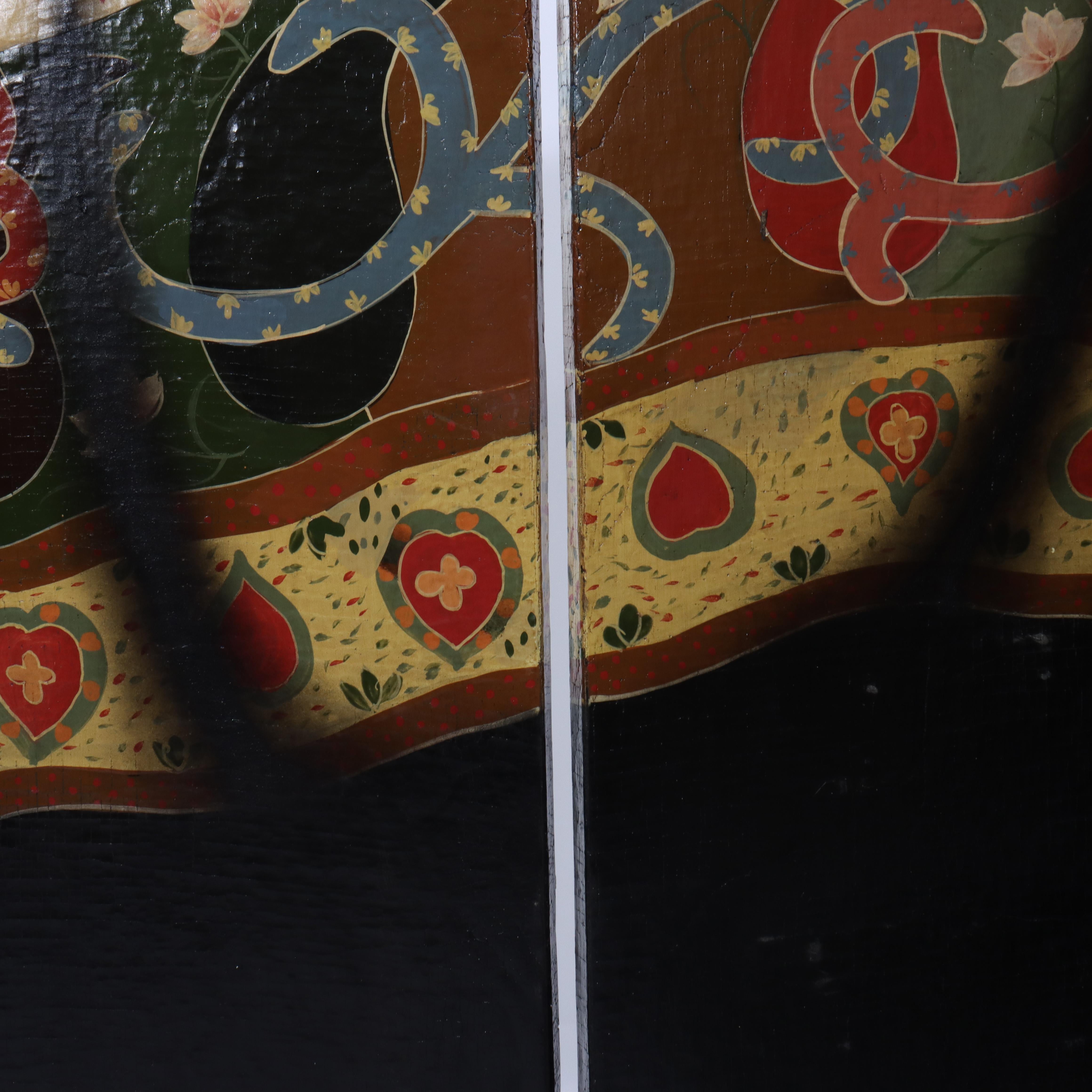 Bois Hand Painted on Wood Four Paneled Dressing Screen with Drape Design 20thC en vente