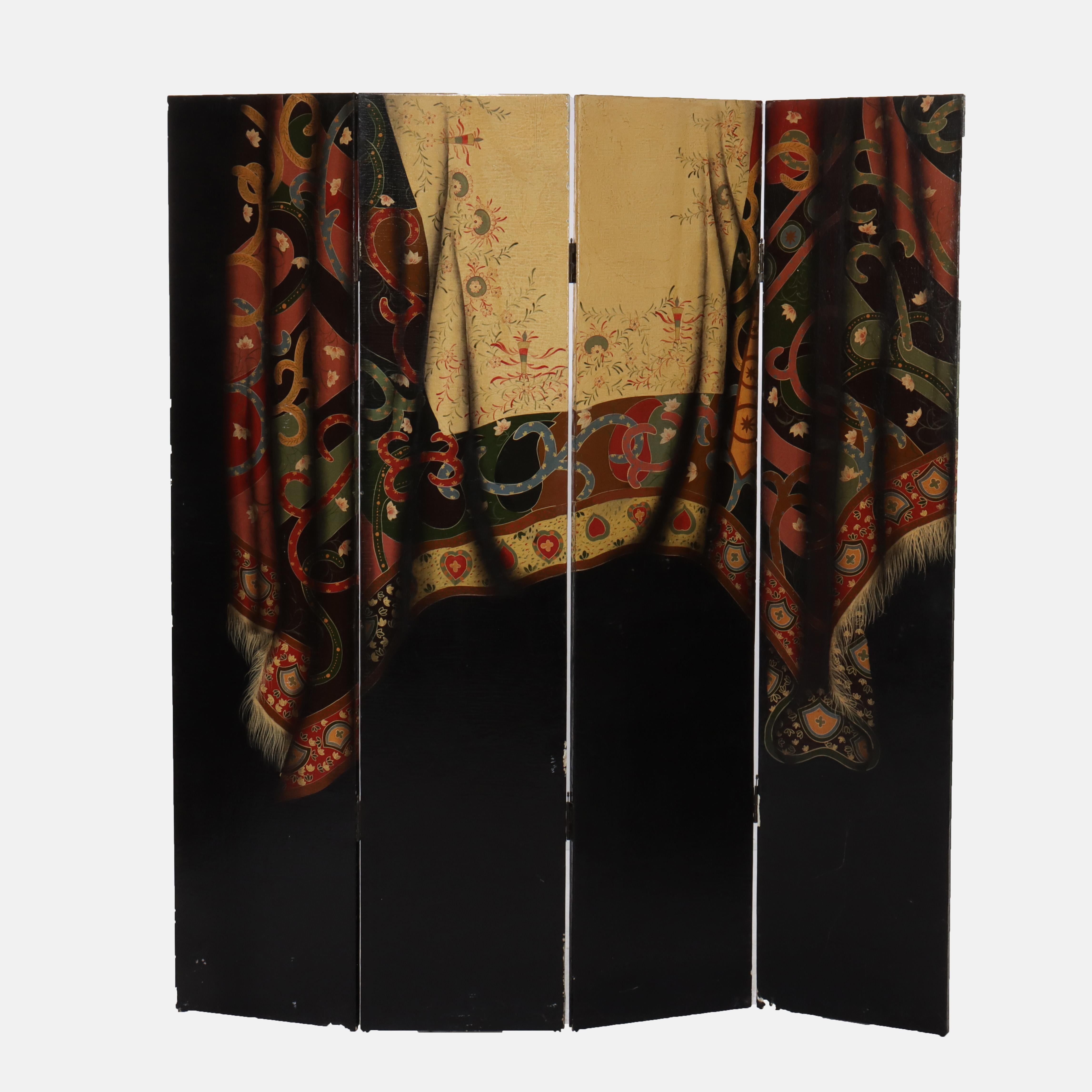 Hand Painted on Wood Four Paneled Dressing Screen with Drape Design 20thC en vente 1