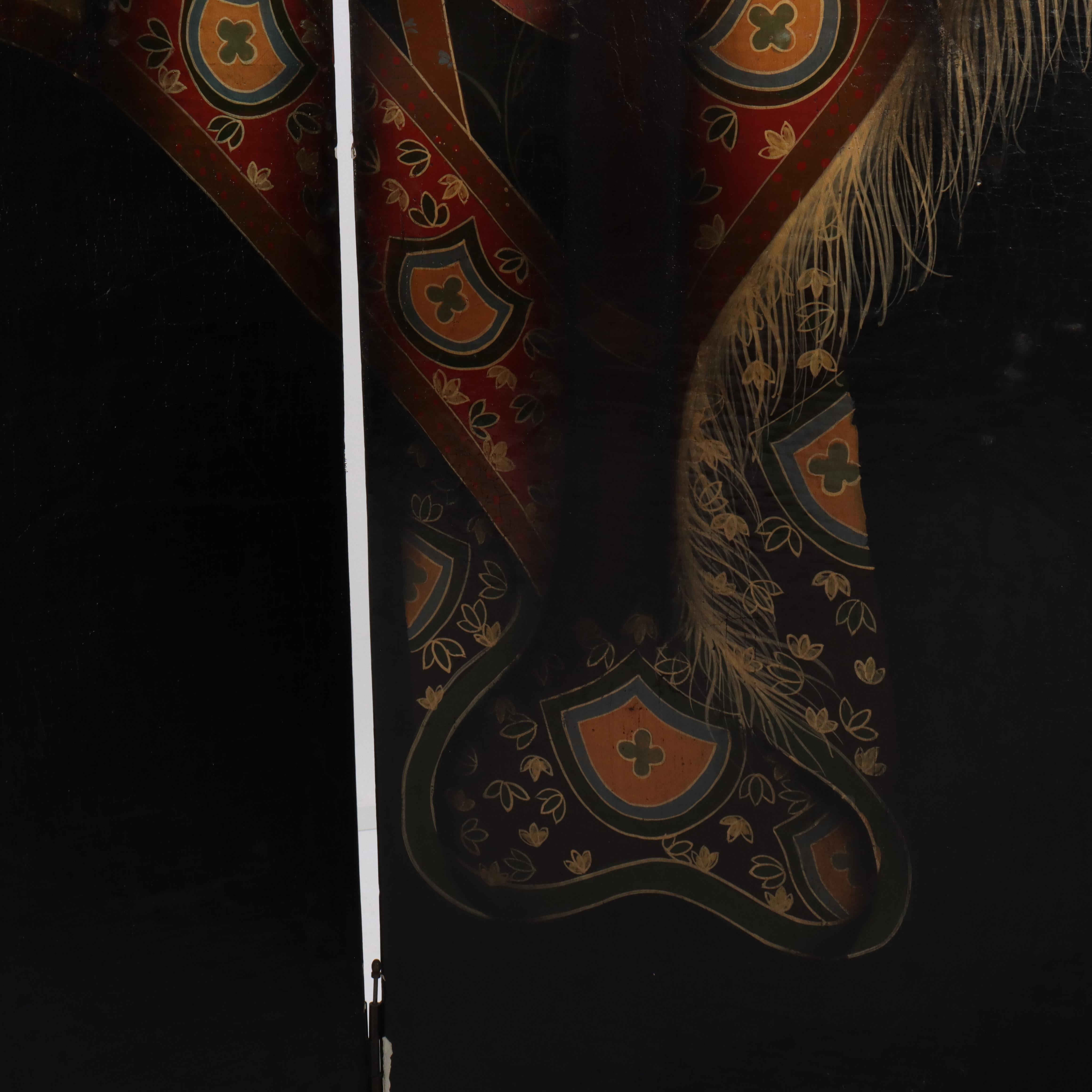 Hand Painted on Wood Four Paneled Dressing Screen with Drape Design 20thC en vente 2