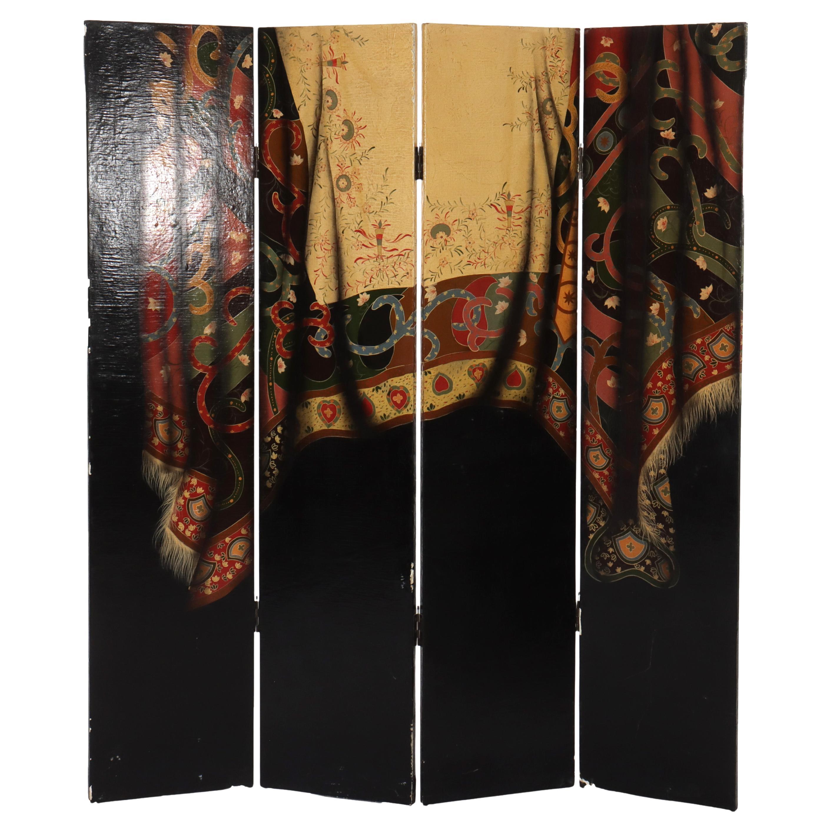Hand Painted on Wood Four Paneled Dressing Screen with Drape Design 20thC