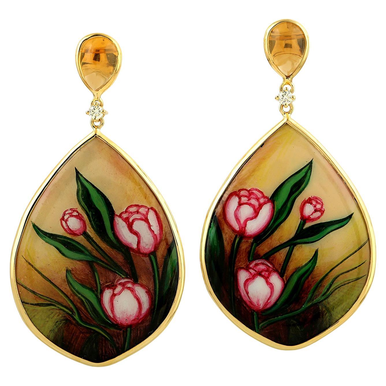 Dondoli in oro giallo 18 ct. dipinti a mano con onice e accenti di citrino e diamanti