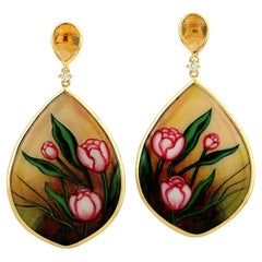 Hand Painted Onyx 18k Yellow Gold Dangles Accented With Citrine & Diamonds