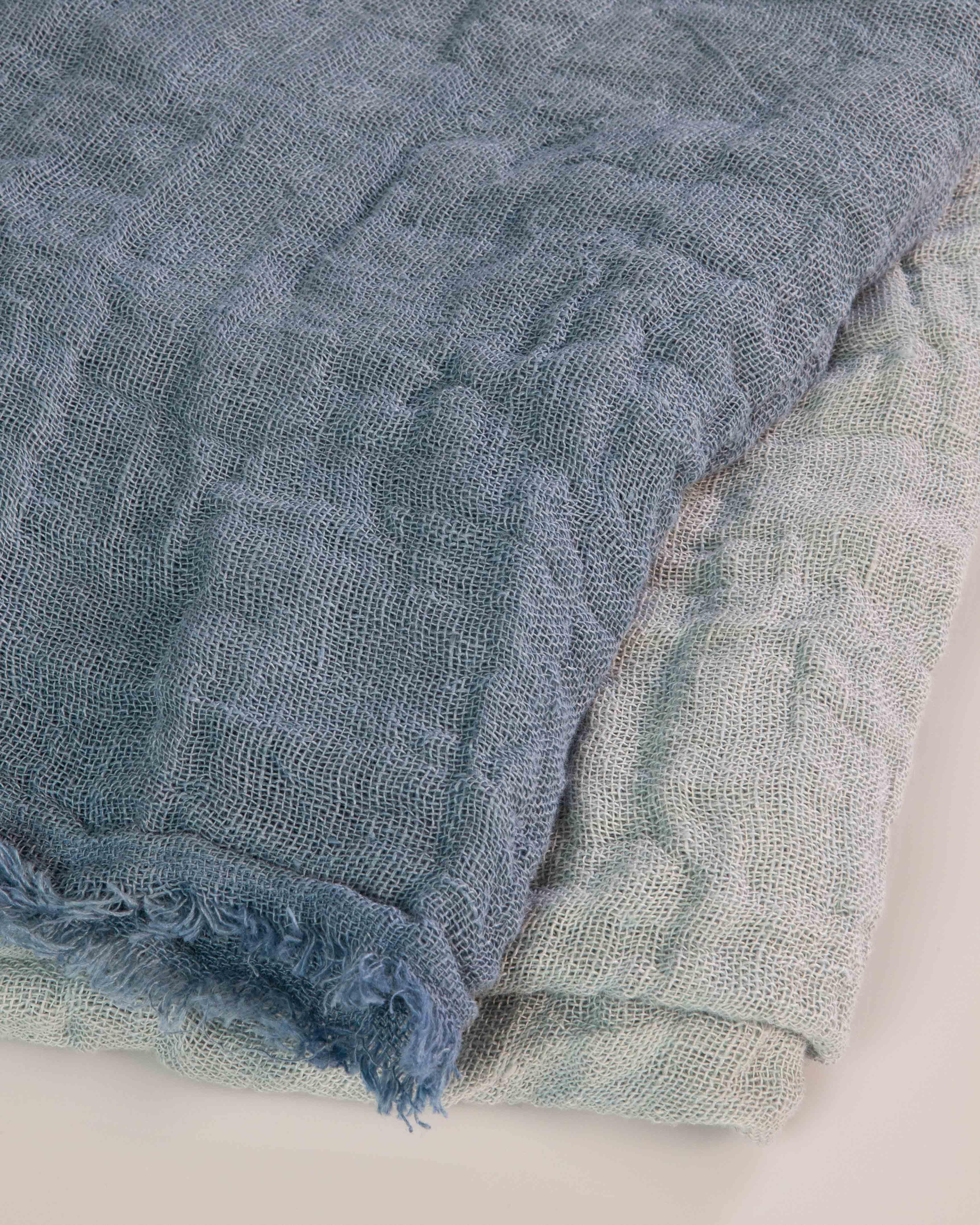 Hand Painted Open-Weave Linen Throw in Blue Tones, in Stock In New Condition For Sale In West Hollywood, CA