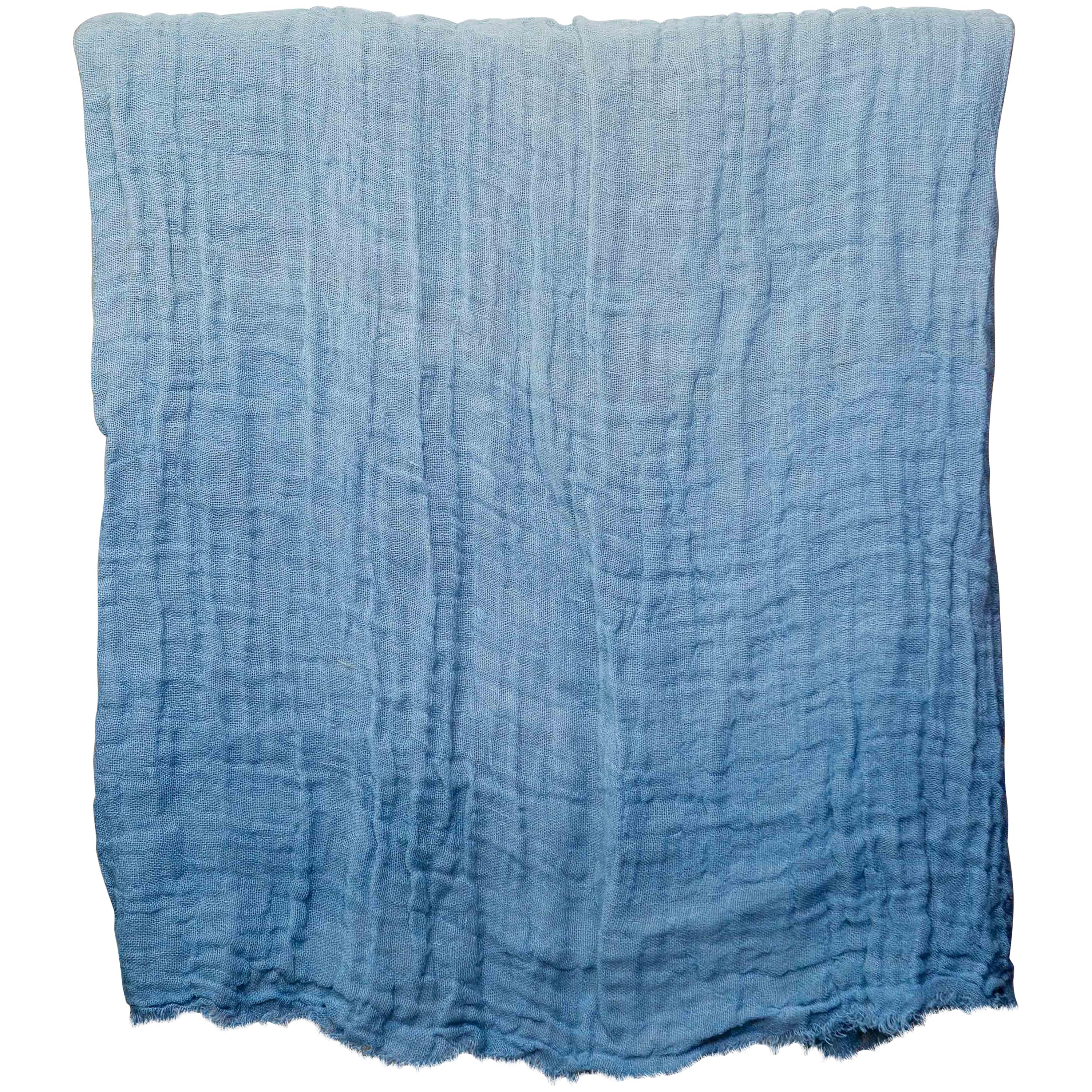 Hand Painted Open-Weave Linen Throw in Blue Tones, in Stock For Sale