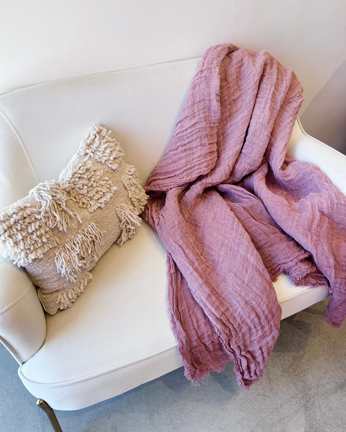Rustic Hand Painted Open-Weave Linen Throw in Plum Purple Ombre, in Stock For Sale