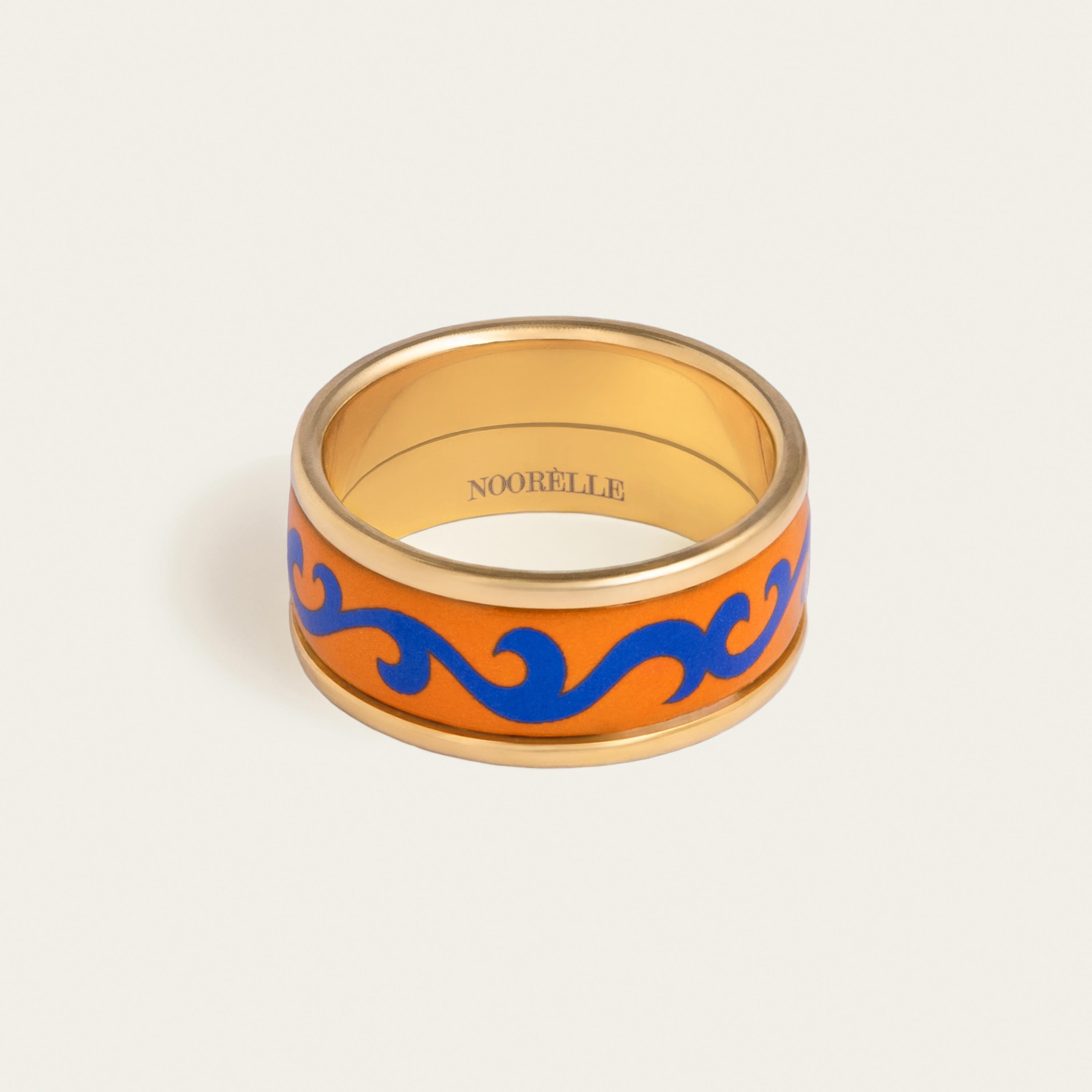 For Sale:  Hand Painted Orange Gold Plated Stainless Steel Band Ring w/ Fire Enamel Detail 2