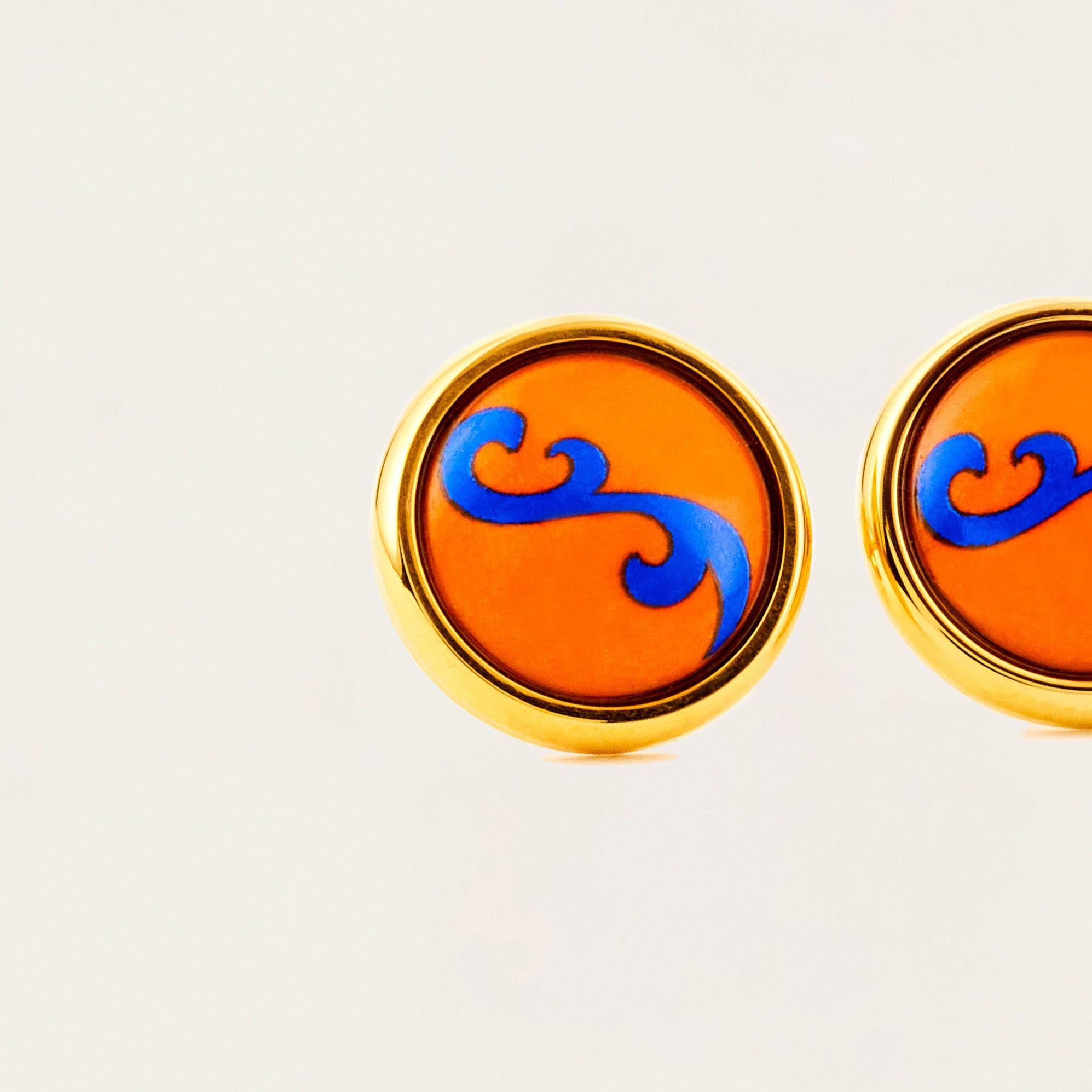 Contemporary Hand Painted Orange Gold Plated Stainless Steel Stud Earrings Fire Enamel Detail For Sale