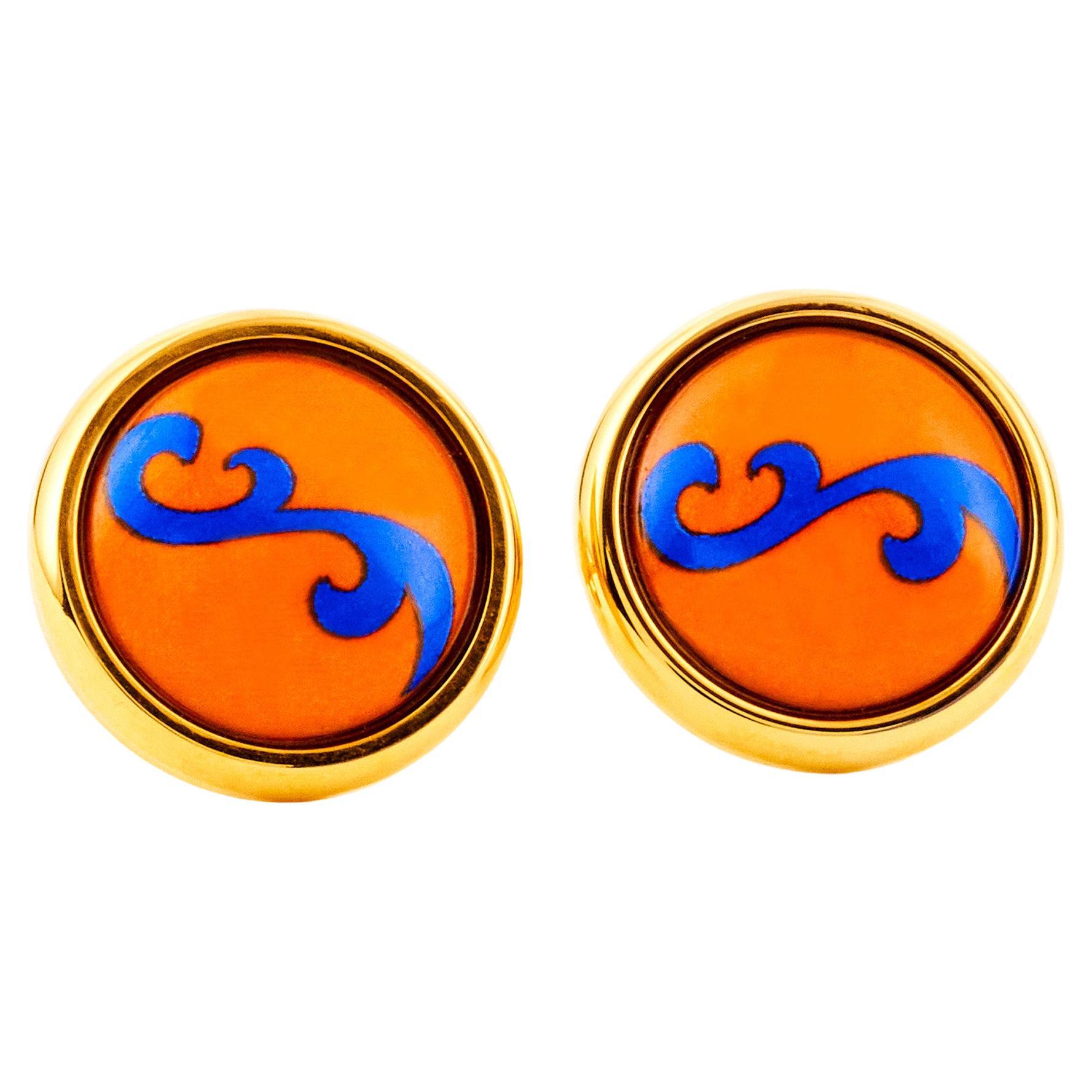 Hand Painted Orange Gold Plated Stainless Steel Stud Earrings Fire Enamel Detail For Sale