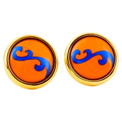 Hand Painted Orange Gold Plated Stainless Steel Stud Earrings Fire Enamel Detail
