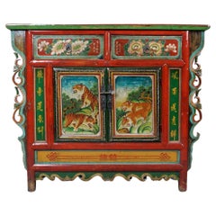 Hand Painted Ornate Cabinet with Tigers & Flowers from Tibet circa 1920's