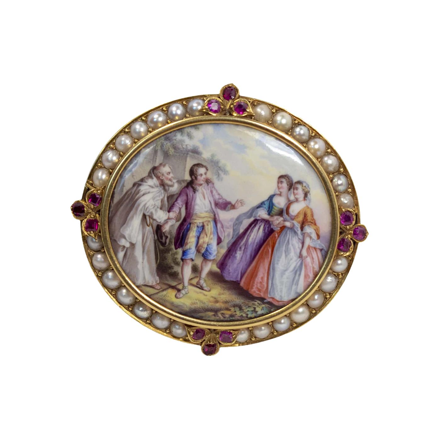 swiss enamel antique painting from the 1800s in 18 Karat Gold Brooch For Sale