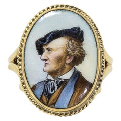 Hand Painted Painting Portrait Ring of Richard Wagner, 18k Gold