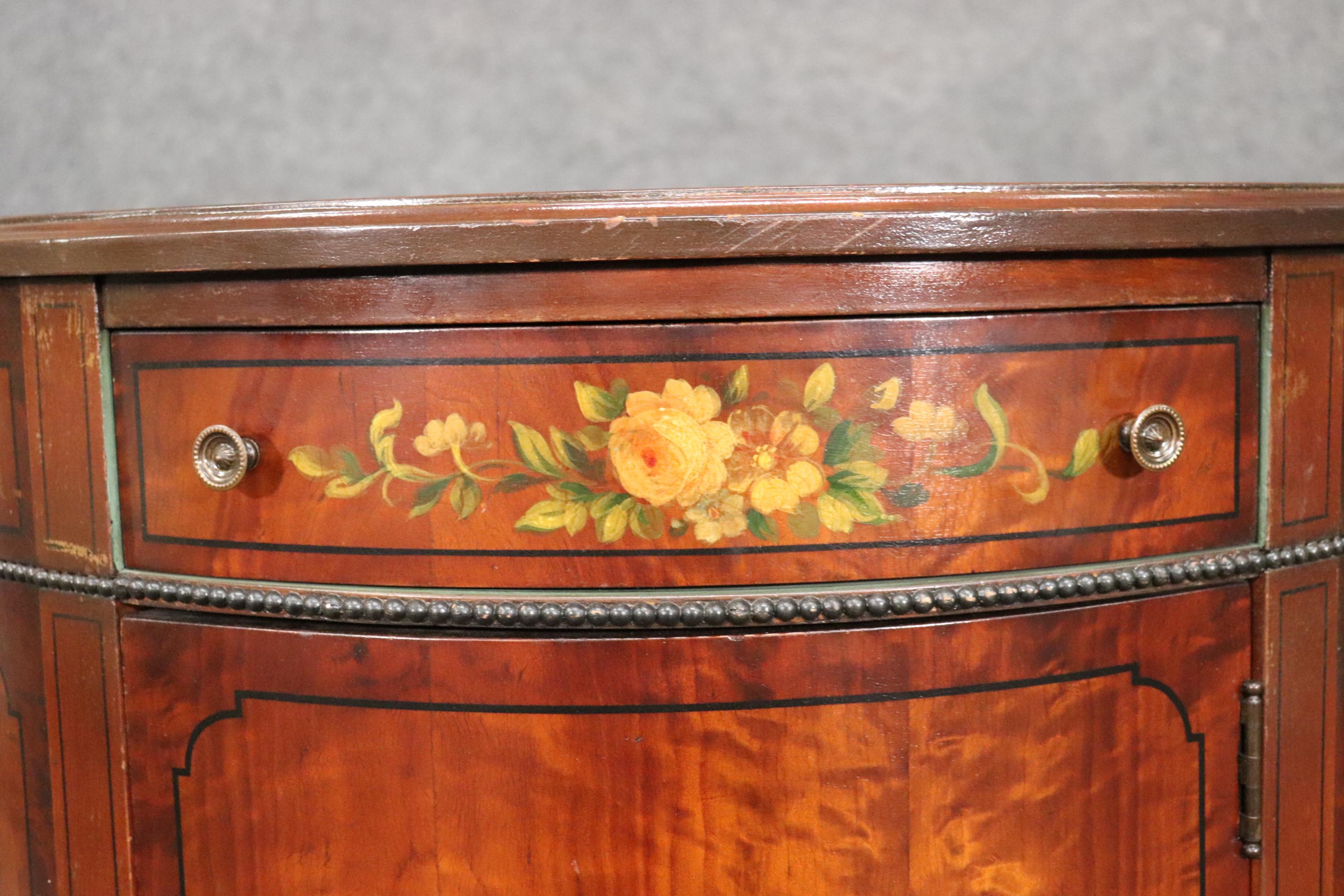 Hand-Painted Pair Adams Walnut Demilune Nightstands Commodes circa 1930s 9
