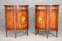 Hand-Painted Pair Adams Walnut Demilune Nightstands Commodes circa 1930s