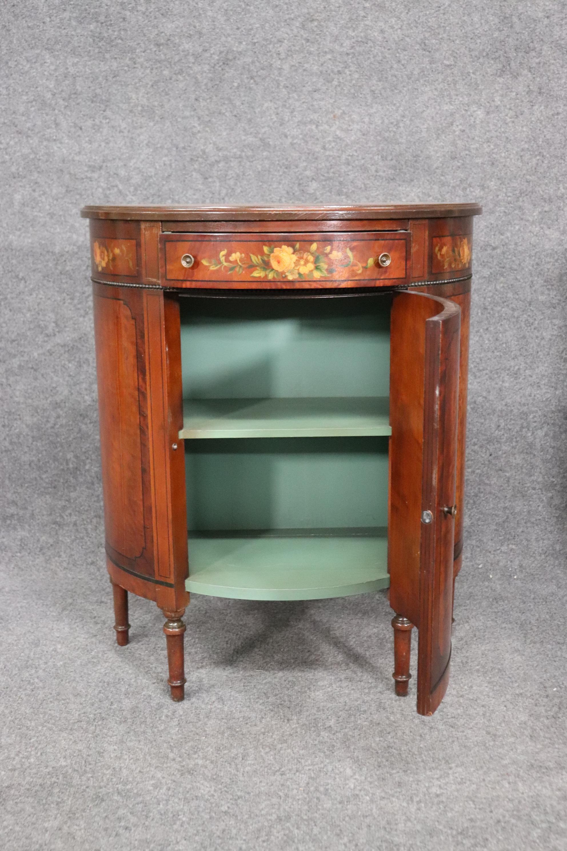 Hand-Painted Pair Adams Walnut Demilune Nightstands Commodes circa 1930s In Good Condition In Swedesboro, NJ