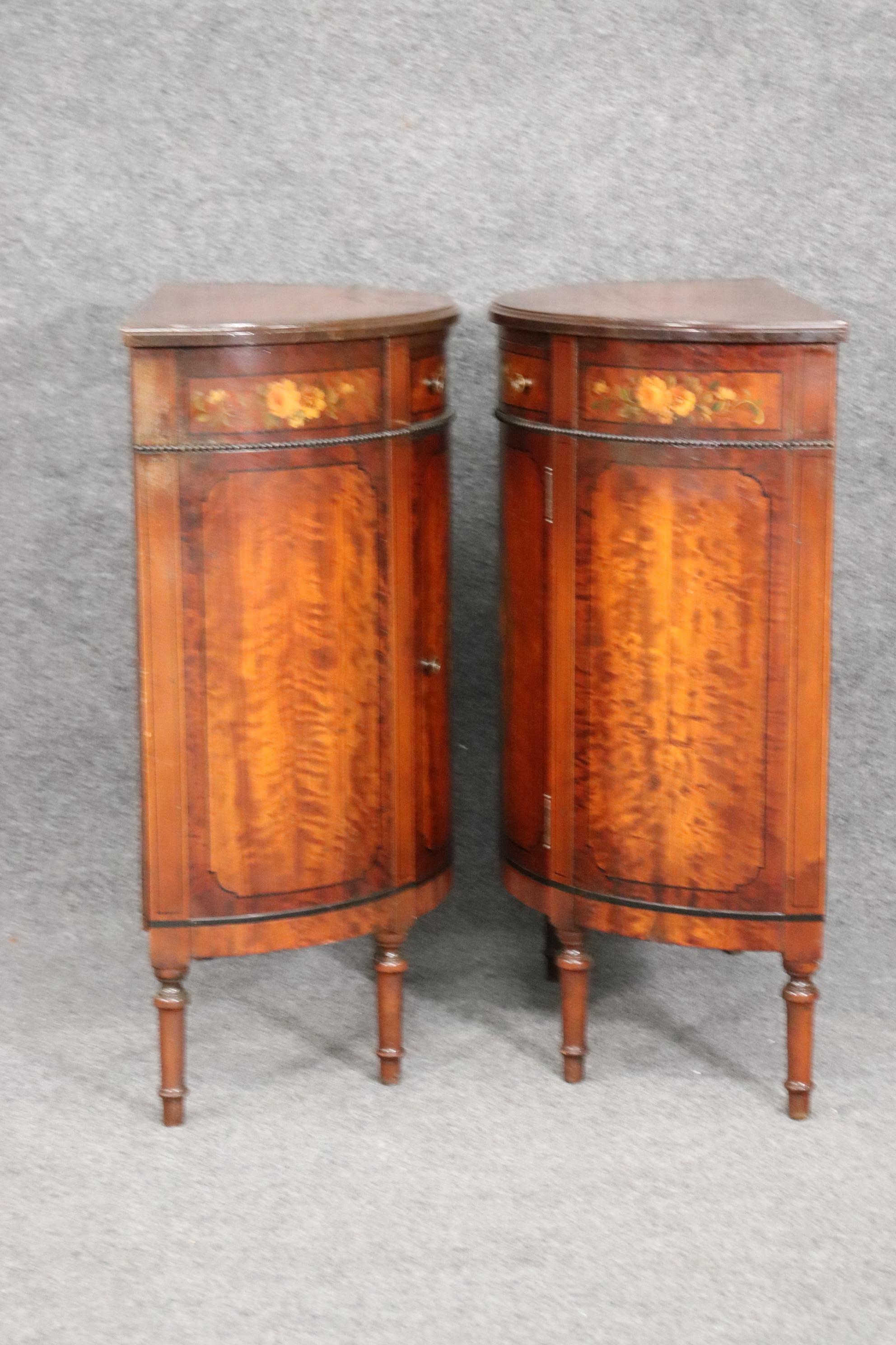 Hand-Painted Pair Adams Walnut Demilune Nightstands Commodes circa 1930s 1