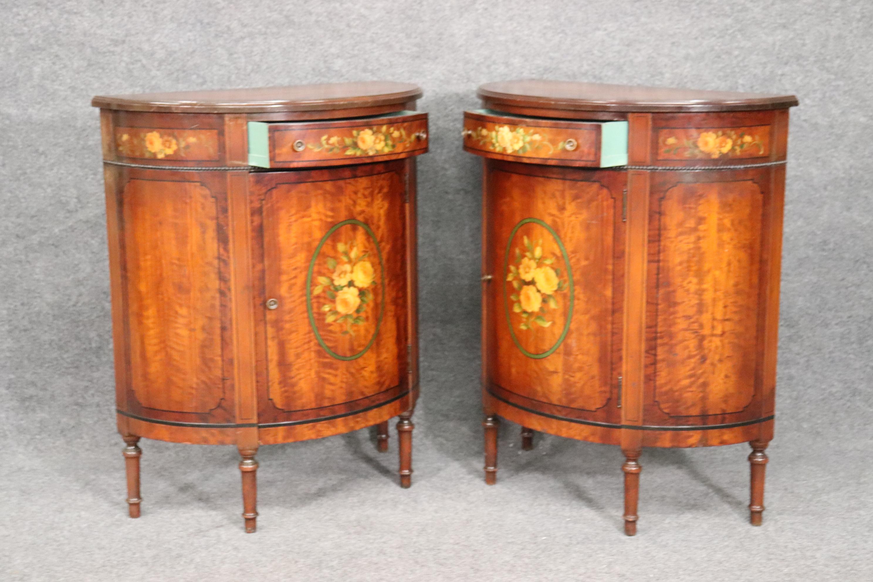Hand-Painted Pair Adams Walnut Demilune Nightstands Commodes circa 1930s 2