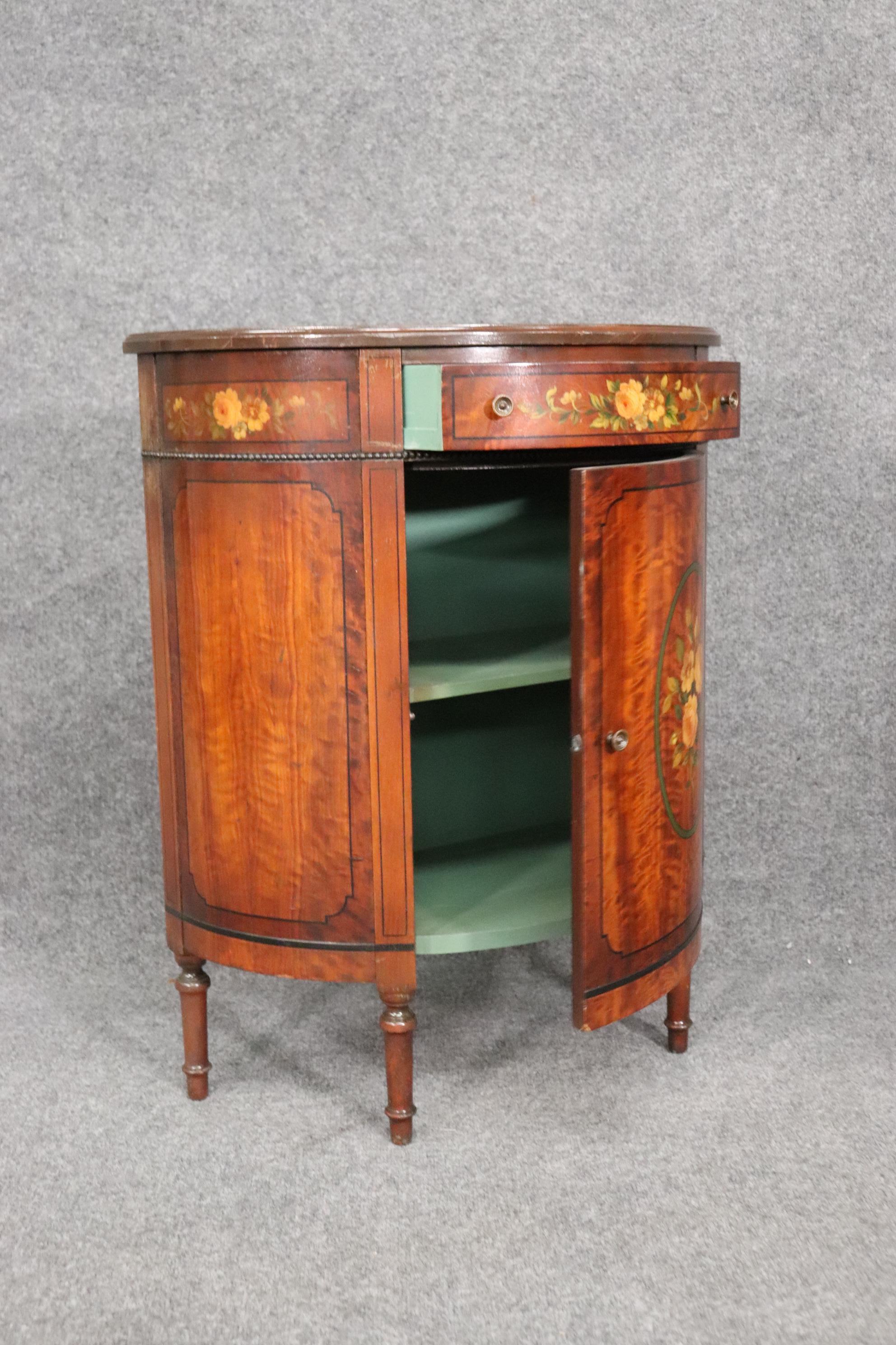 Hand-Painted Pair Adams Walnut Demilune Nightstands Commodes circa 1930s 3