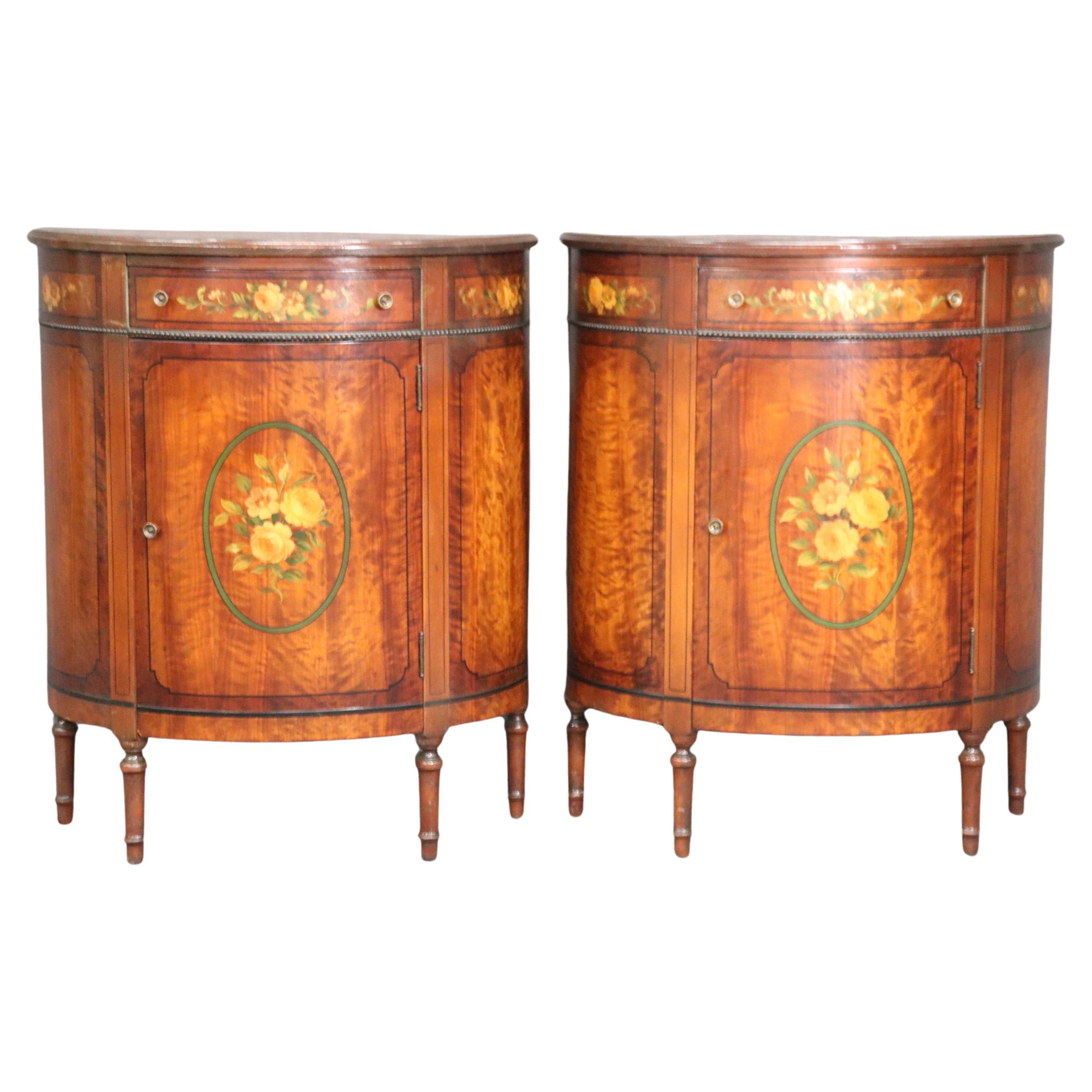 Hand-Painted Pair Adams Walnut Demilune Nightstands Commodes circa 1930s