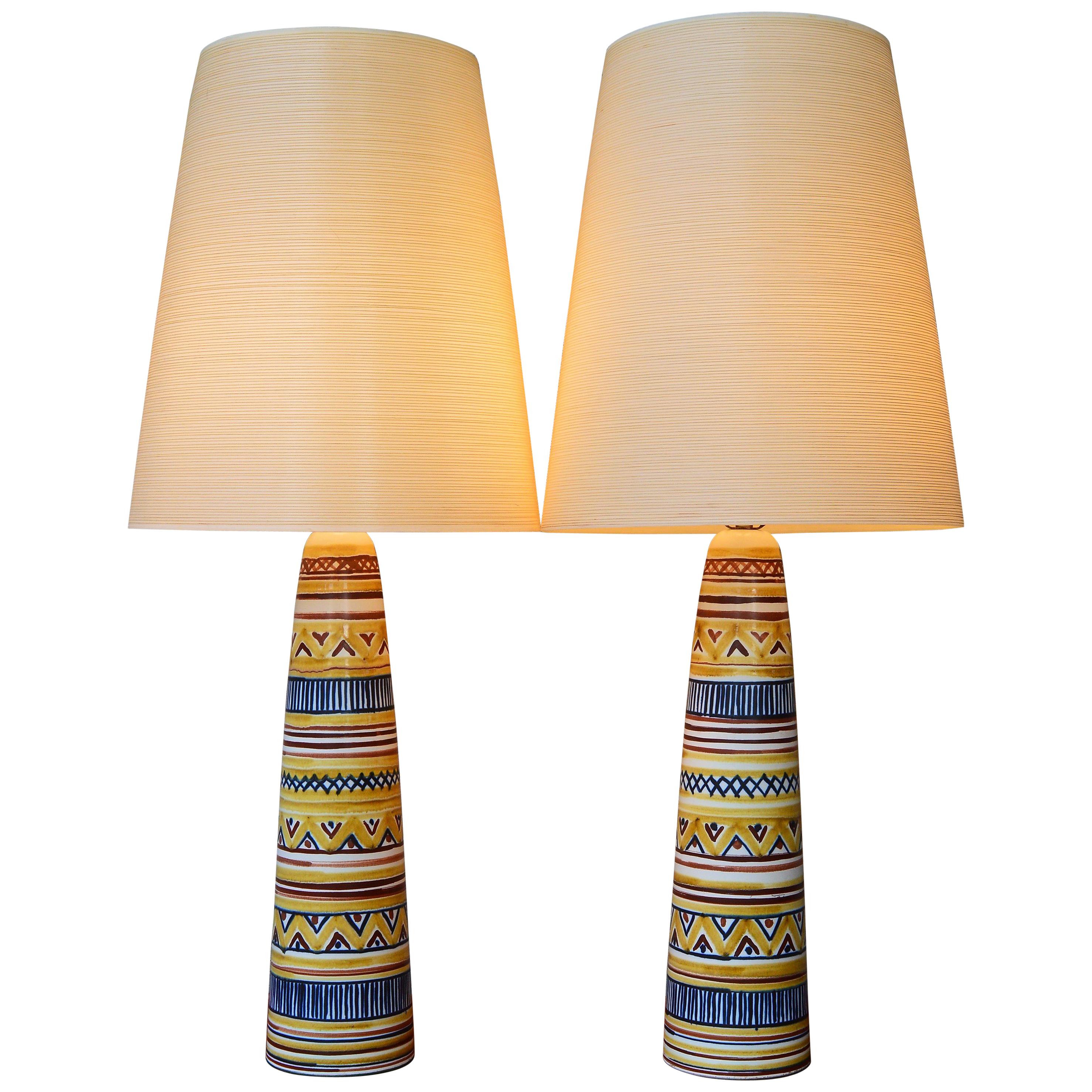Hand-Painted Pair of Gunnar & Lotte Bostlund Ceramic Lamps with Original Shades