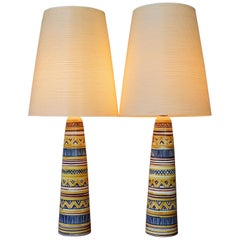 Vintage Hand-Painted Pair of Gunnar & Lotte Bostlund Ceramic Lamps with Original Shades