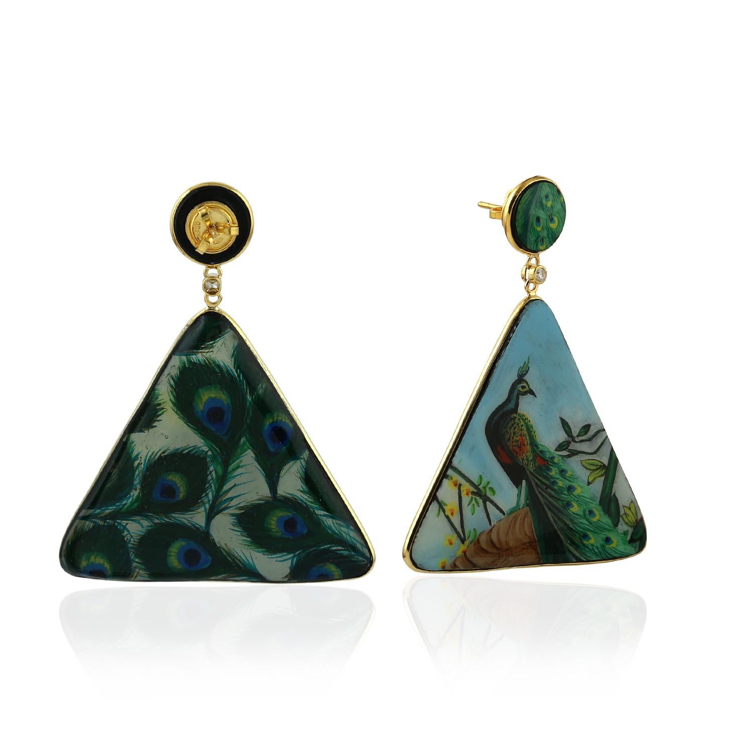 Art Deco Hand Painted Peacock Painting Dangle Earrings in 18k yellow Gold For Sale