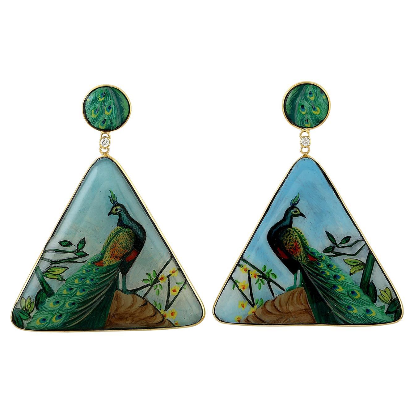 Hand Painted Peacock Painting Dangle Earrings in 18k yellow Gold For Sale