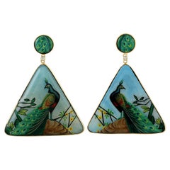 Hand Painted Peacock Painting Dangle Earrings in 18k yellow Gold