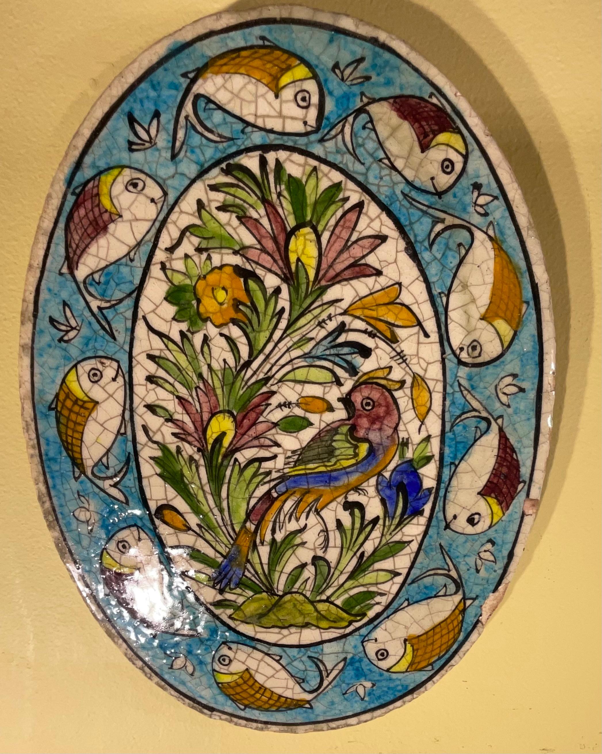 Ouzbek Carreau de céramique persane peint à la main - Motif floral et aviaire unique en vente
