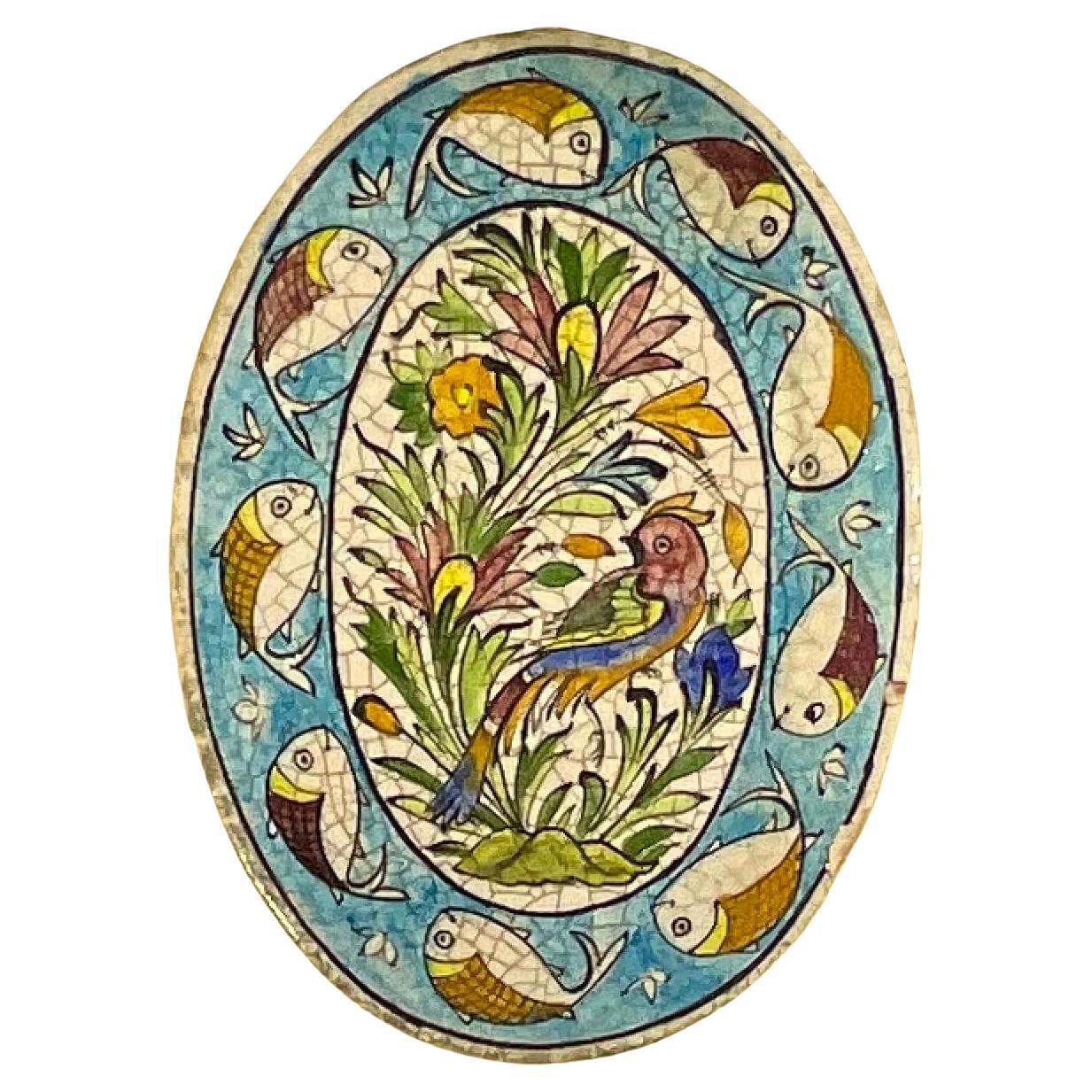 Carreau de céramique persane peint à la main - Motif floral et aviaire unique