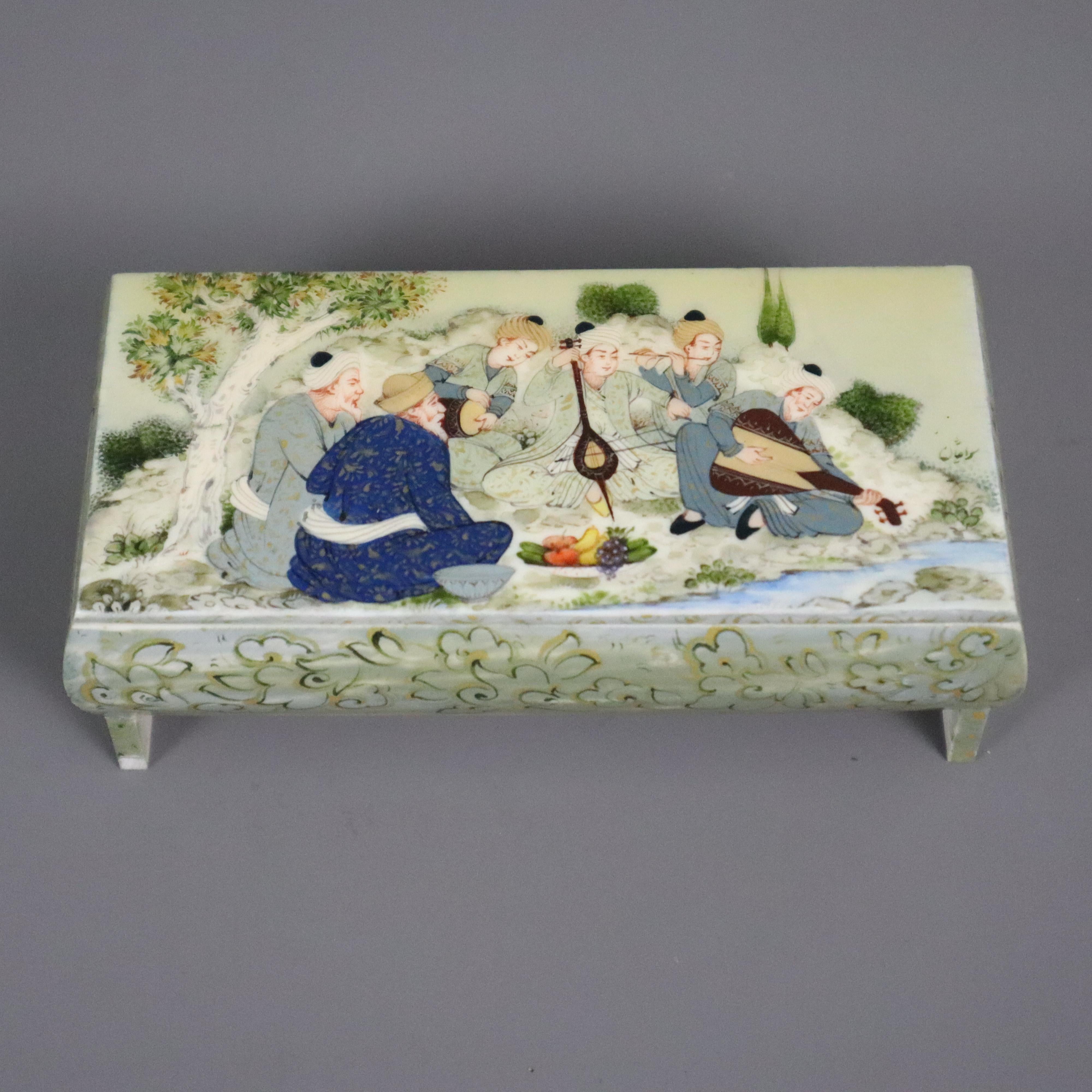 This is a finely hand-painted Persian miniature artwork on a ceramic/porcelain box, probably made of leg plates, framed, and painted. The work features an extremely fine painting on the hinge cover, with a multi-figure scene in polychrome colors and