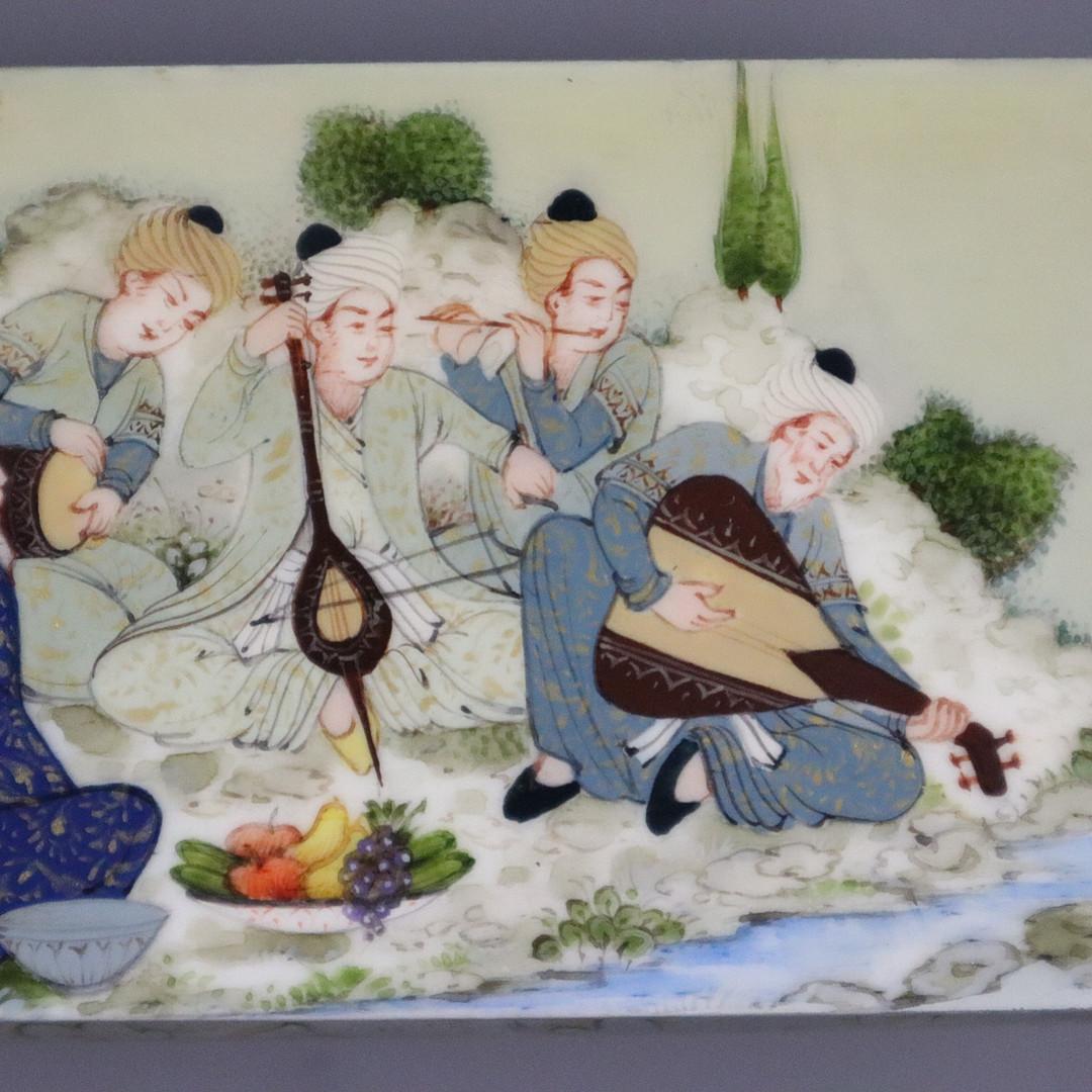 Bronzed Hand-Painted Persian Miniature BOX – Musical Gathering Scene in Polychrome & Go For Sale