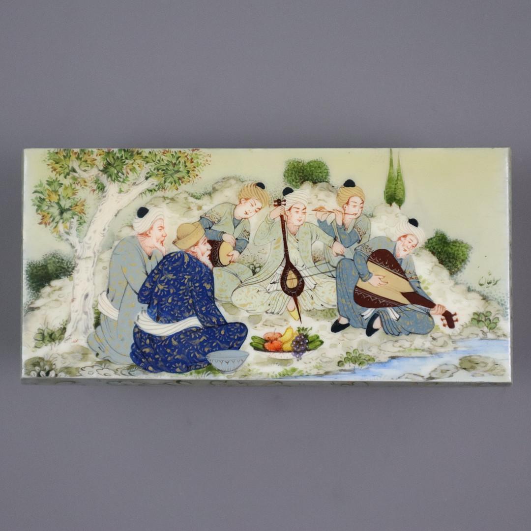 Early 20th Century Hand-Painted Persian Miniature BOX – Musical Gathering Scene in Polychrome & Go For Sale