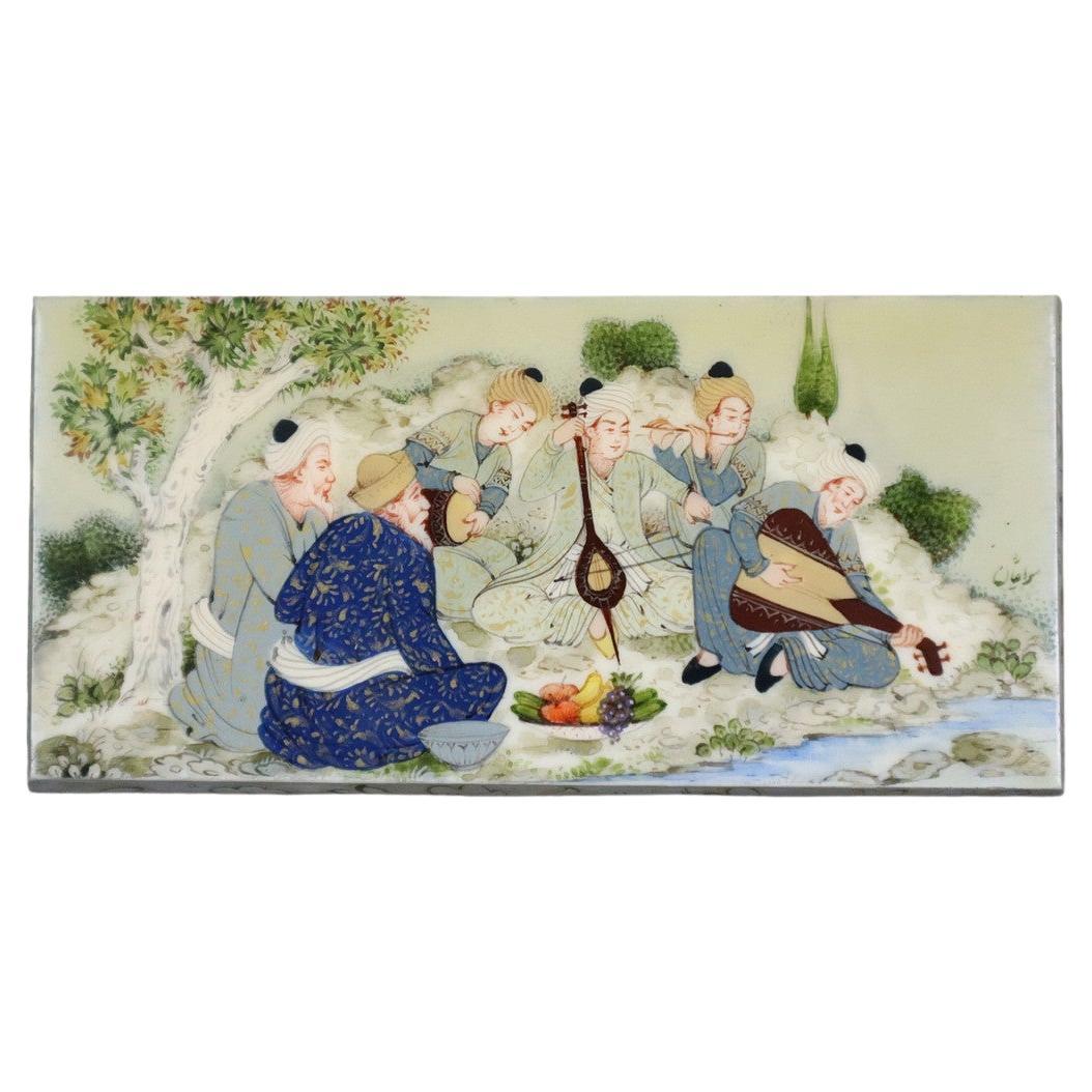 Hand-Painted Persian Miniature BOX – Musical Gathering Scene in Polychrome & Go For Sale