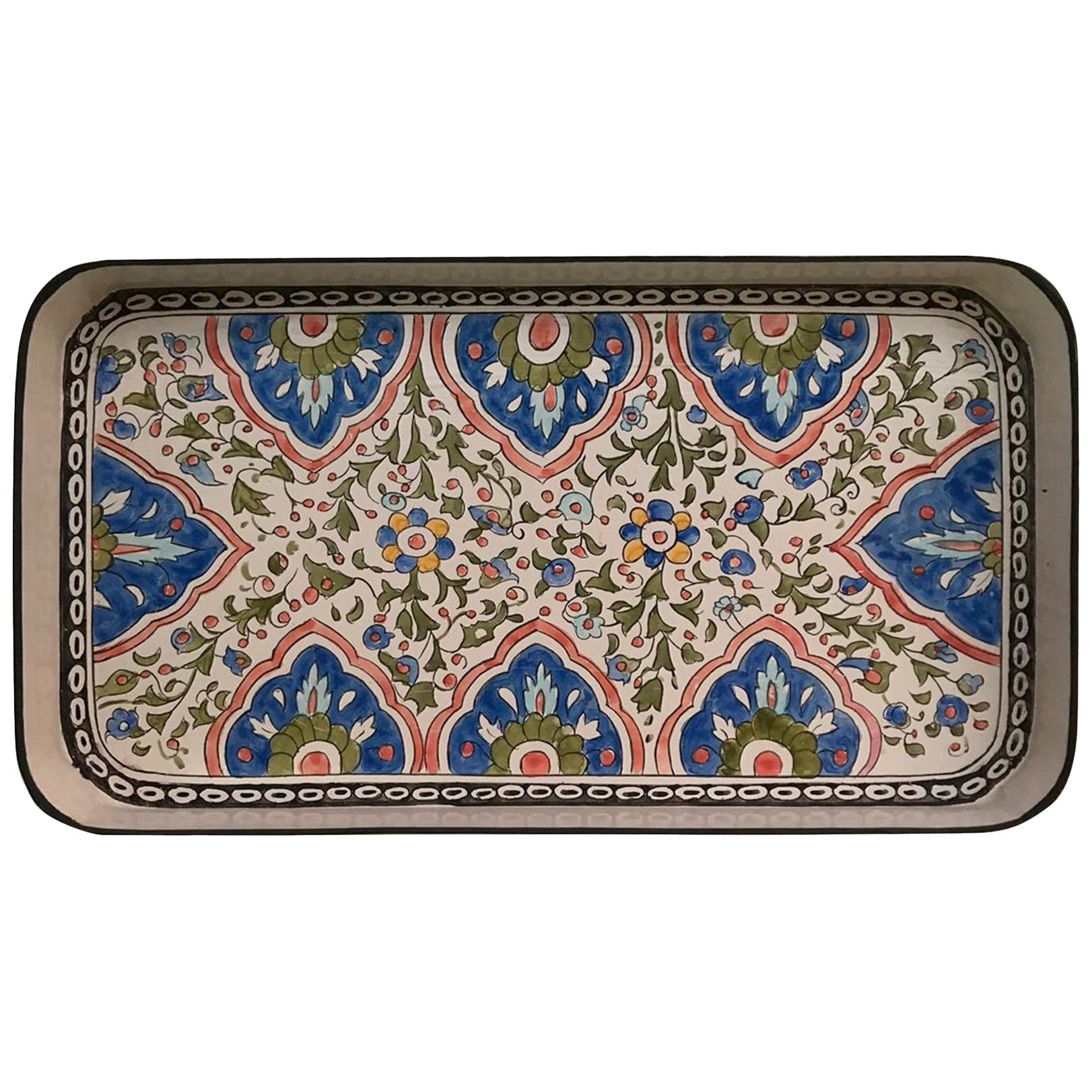 Hand Painted Persian Small Iron Tray Blue For Sale