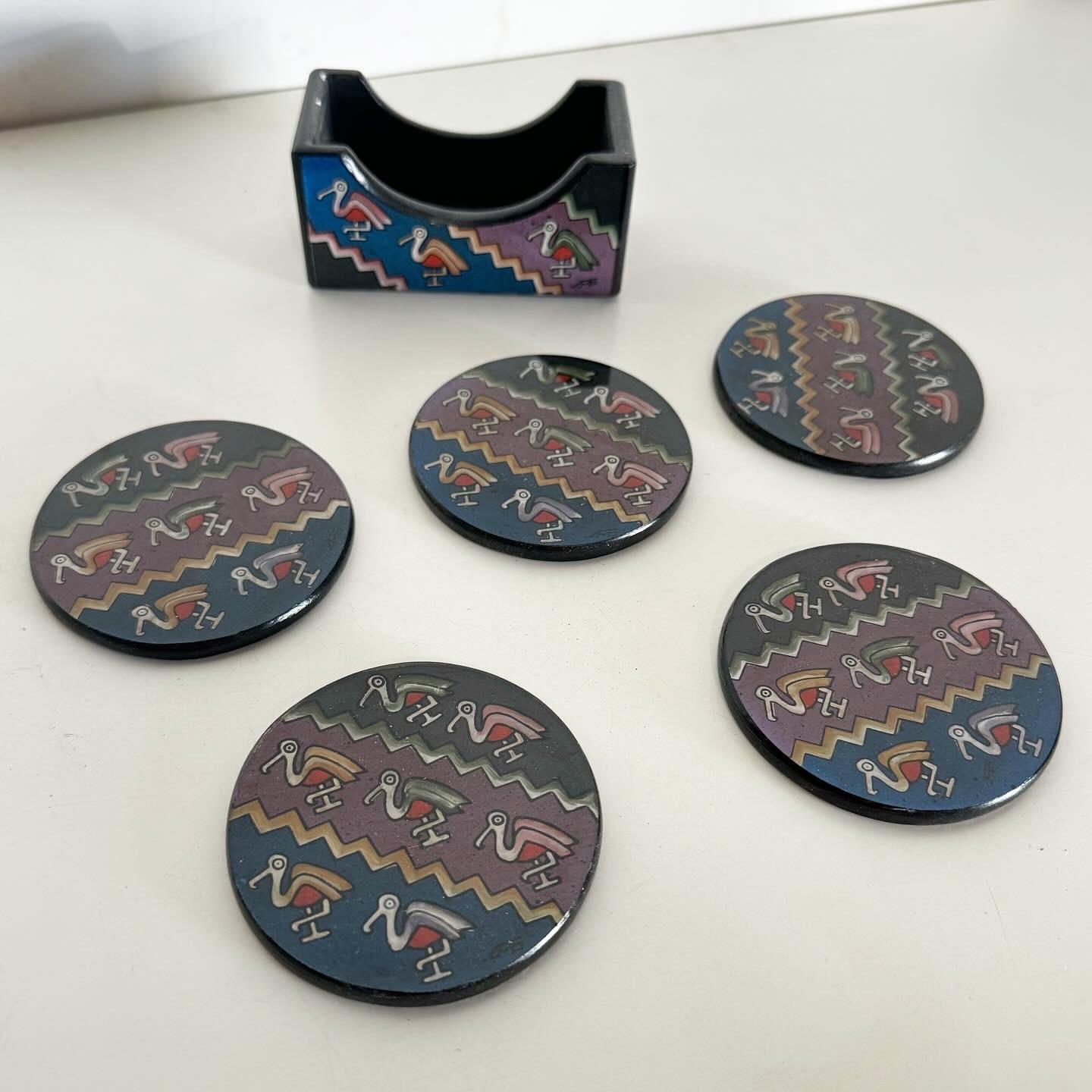Hand Painted Peruvian Coasters With Holder - Set of 5 In Good Condition For Sale In Delray Beach, FL