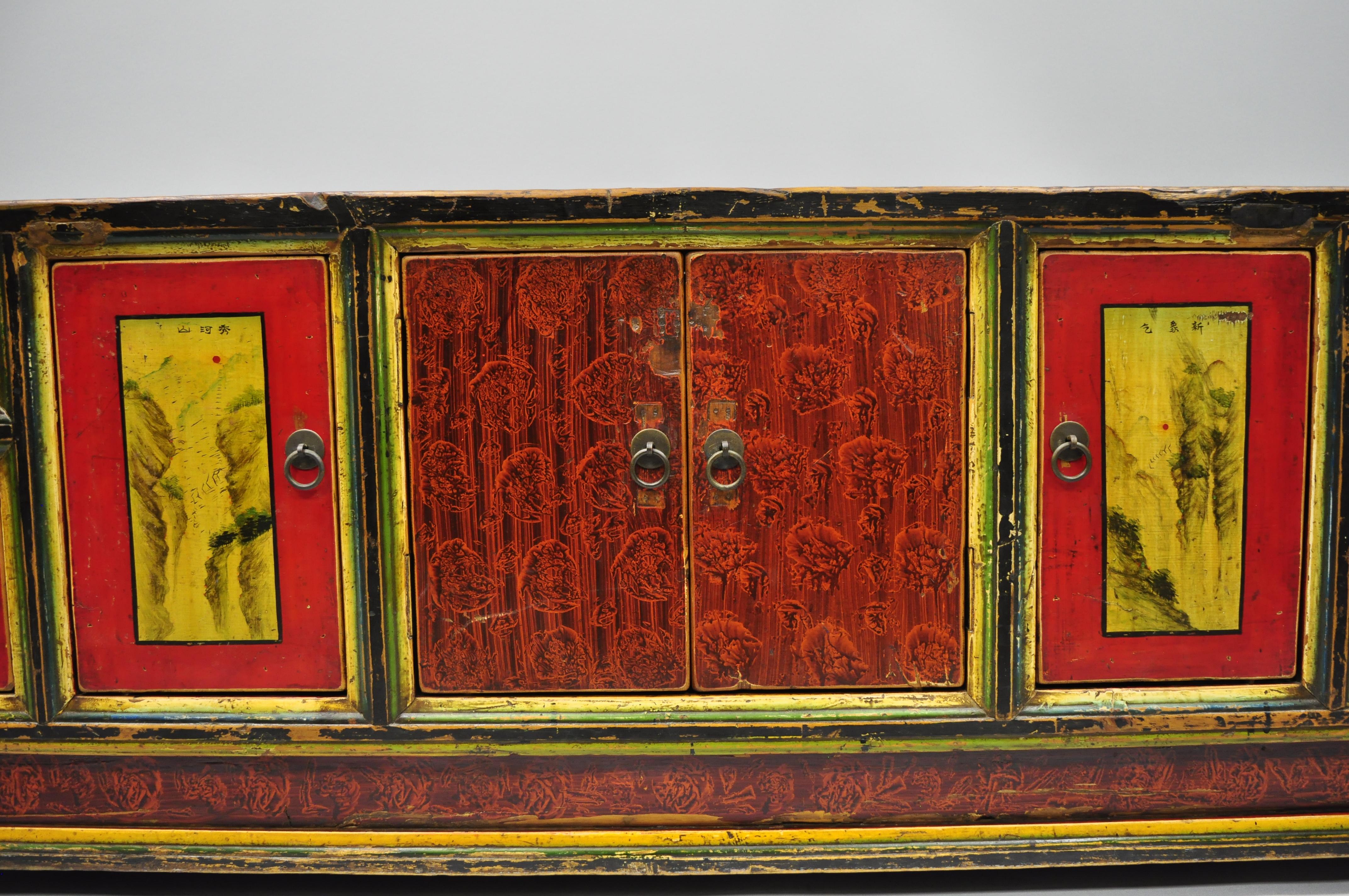 Primitive Hand-Painted Pine Wood Mongolian Coffer Credenza Red Black Green Low Cabinet