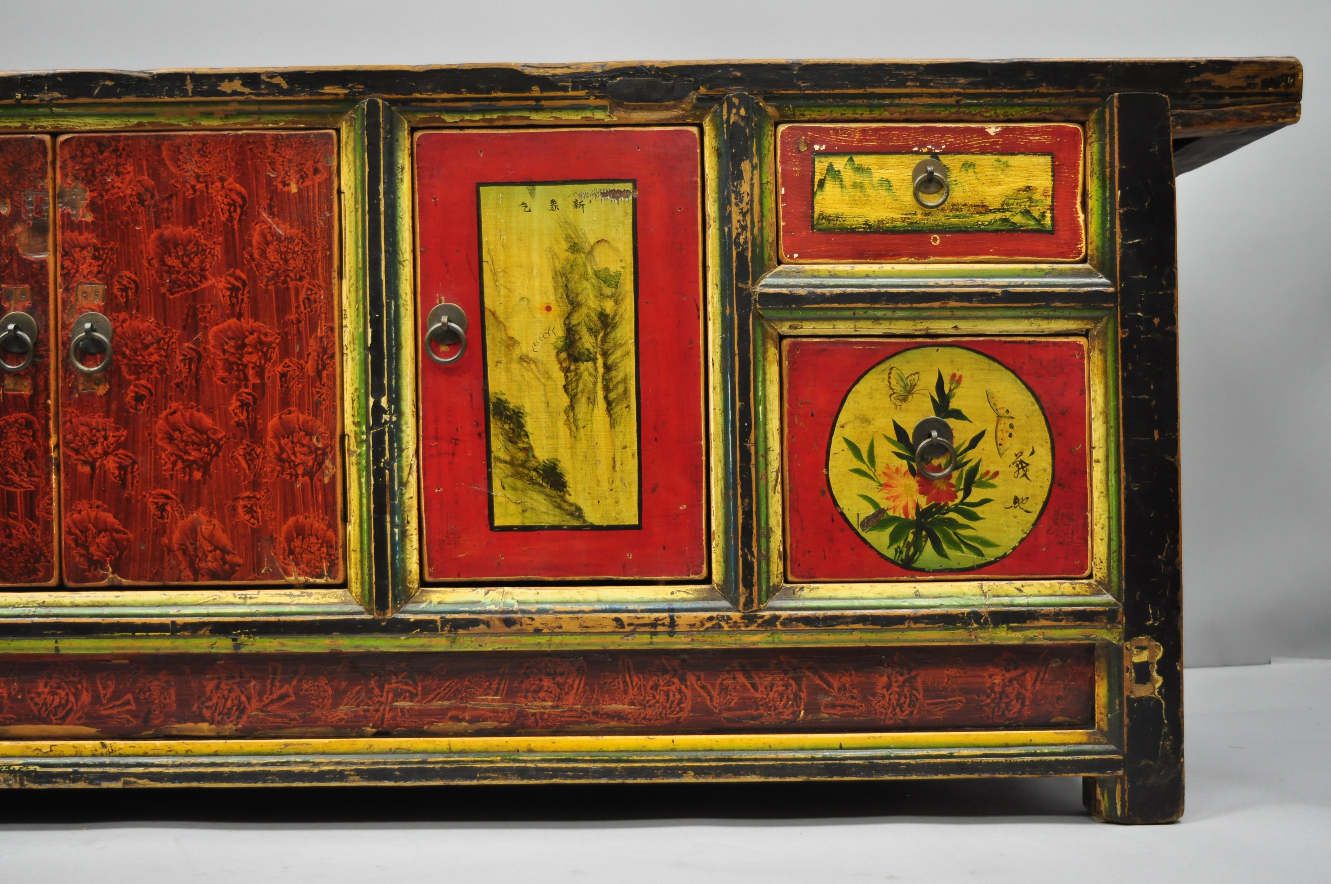Hand-Painted Pine Wood Mongolian Coffer Credenza Red Black Green Low Cabinet In Distressed Condition In Philadelphia, PA