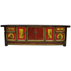 Hand-Painted Pine Wood Mongolian Coffer Credenza Red Black Green Low Cabinet