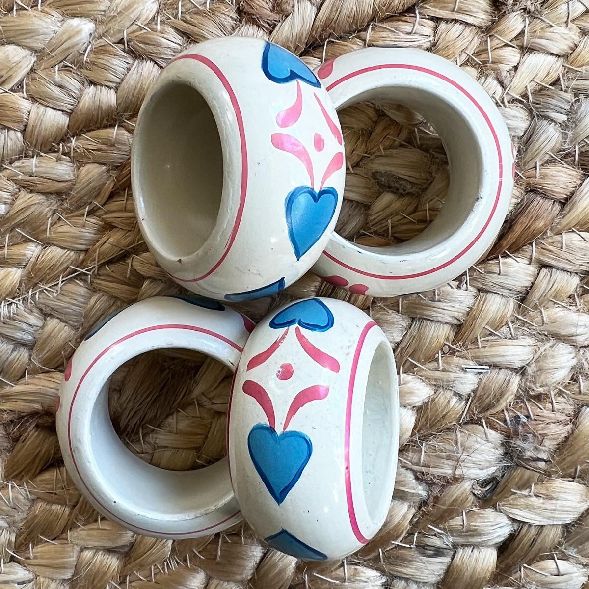 Post-Modern Hand Painted Pink and Blue Heart Napkin Rings - Set of 4 For Sale