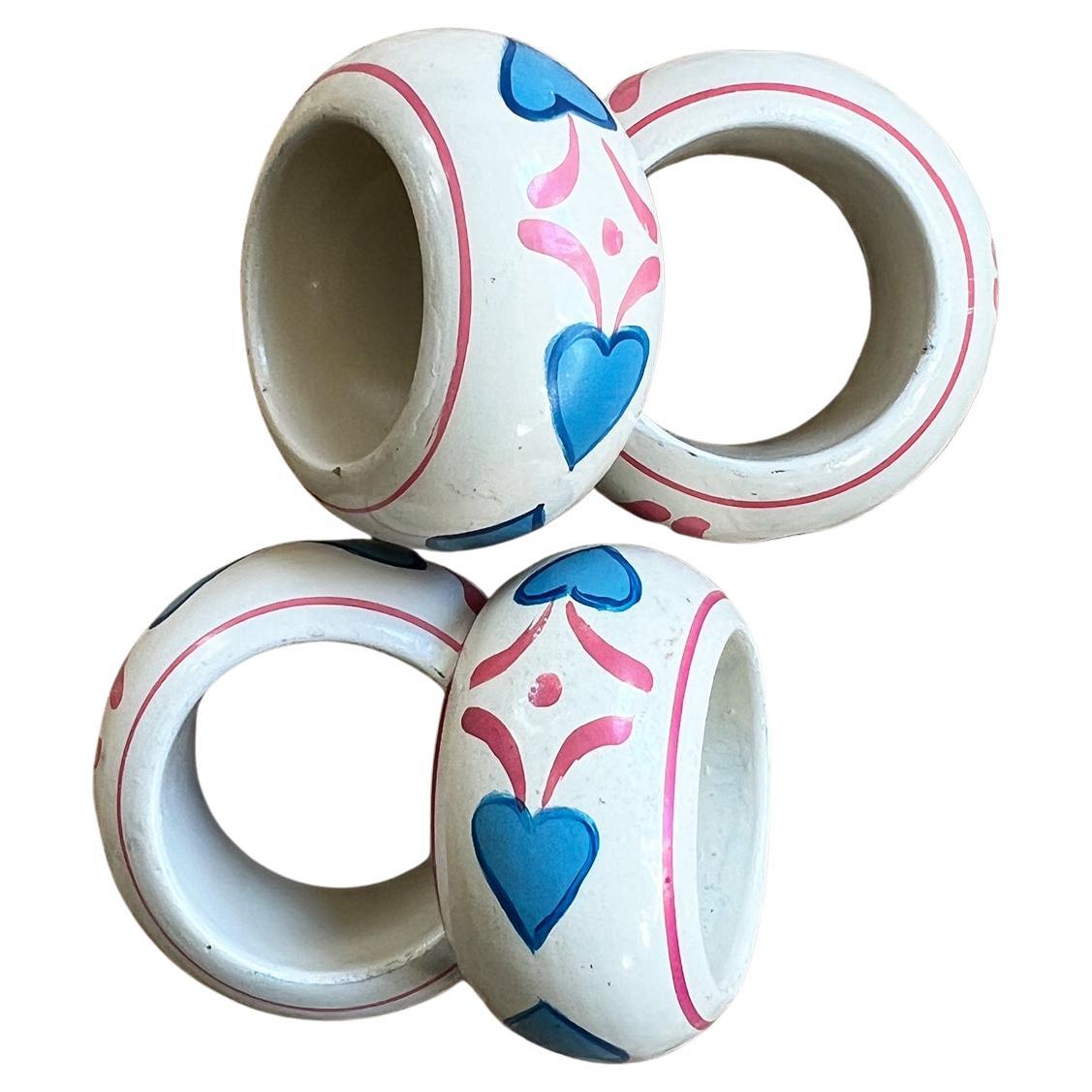 Hand Painted Pink and Blue Heart Napkin Rings - Set of 4 For Sale