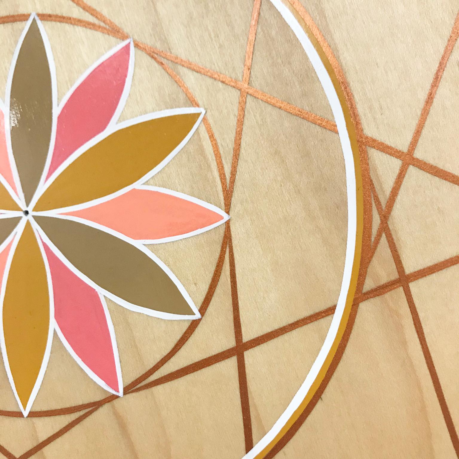Modern Hand-Painted Pink and Gold Sacred Geometry Wood Wall Hanging by Scott Chasse For Sale