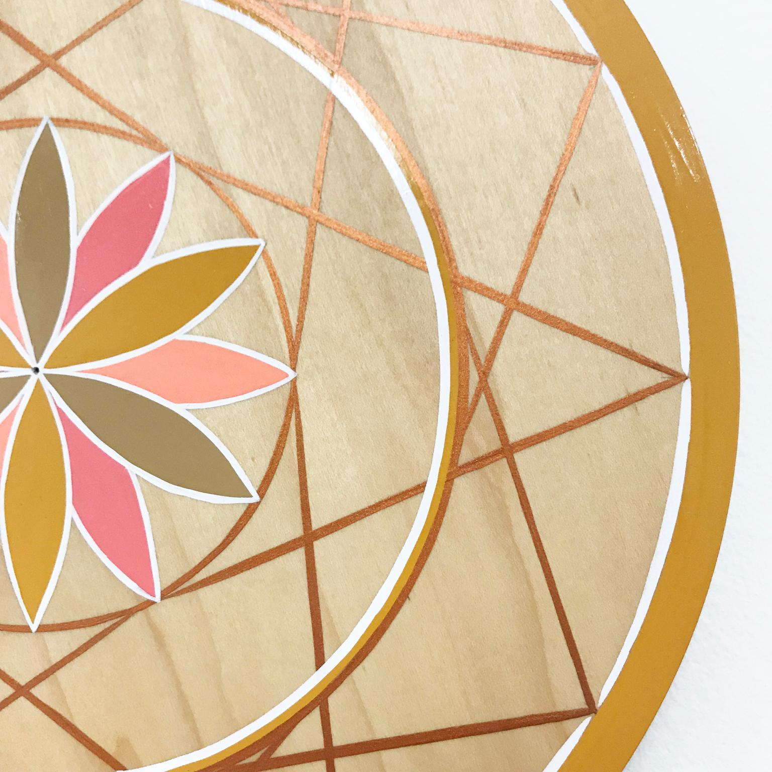 American Hand-Painted Pink and Gold Sacred Geometry Wood Wall Hanging by Scott Chasse For Sale