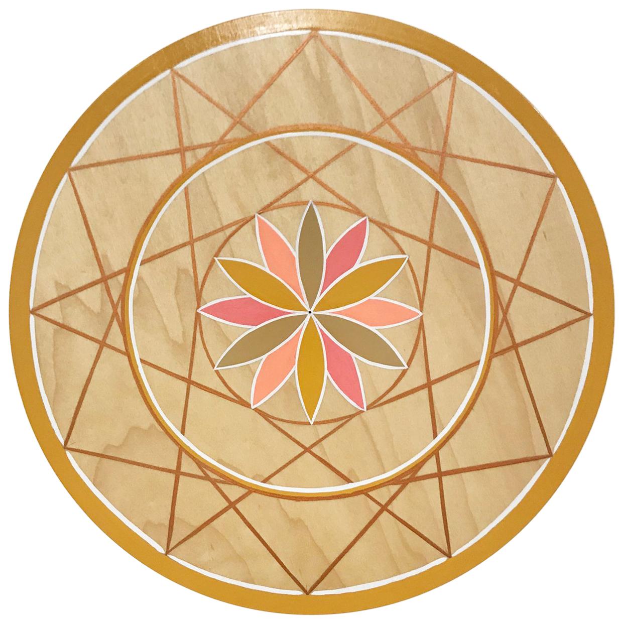 Hand-Painted Pink and Gold Sacred Geometry Wood Wall Hanging by Scott Chasse For Sale