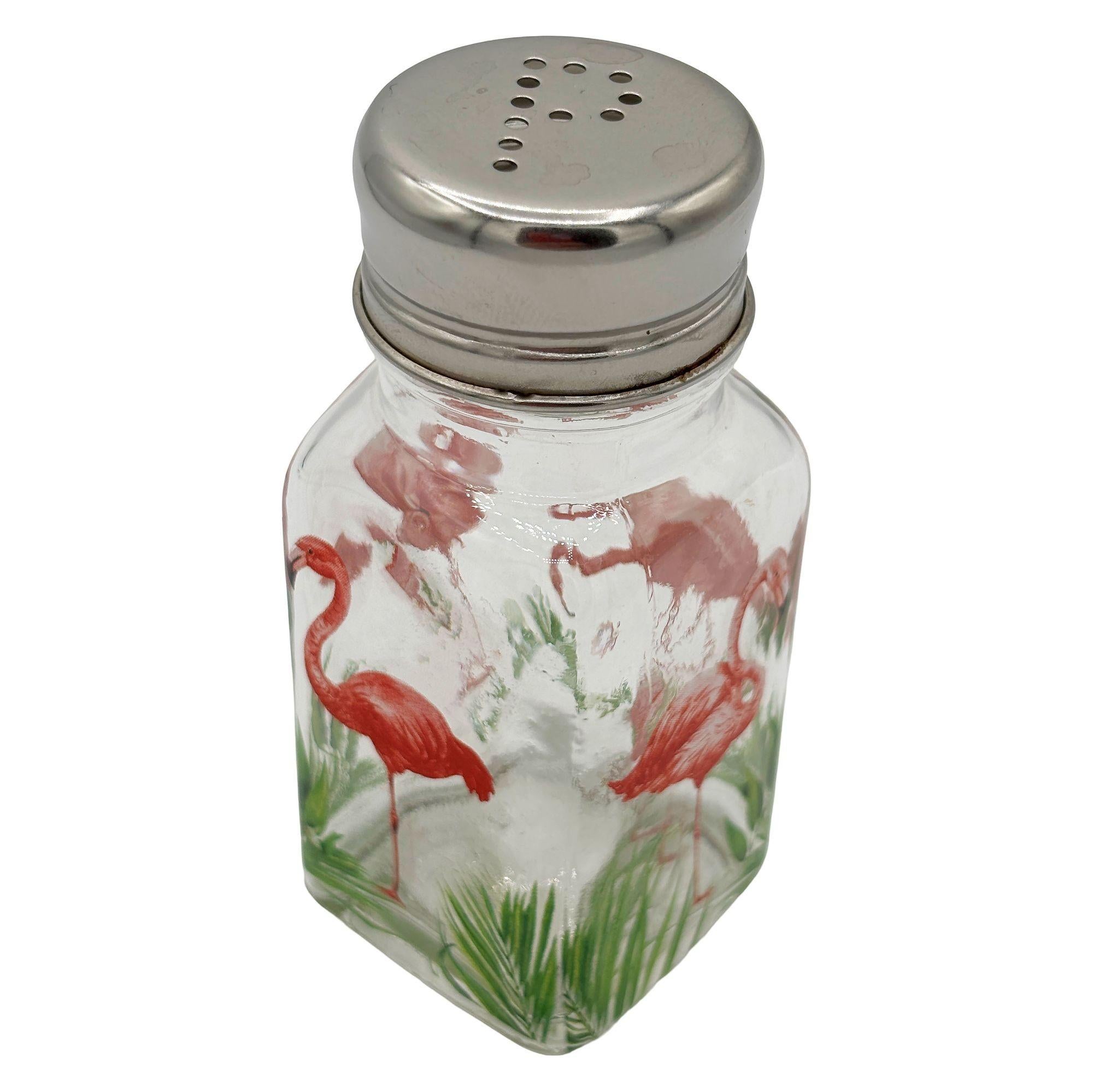 American Hand Painted Pink Flamingo Glass Salt & Pepper Shakers by Michel Design Works For Sale
