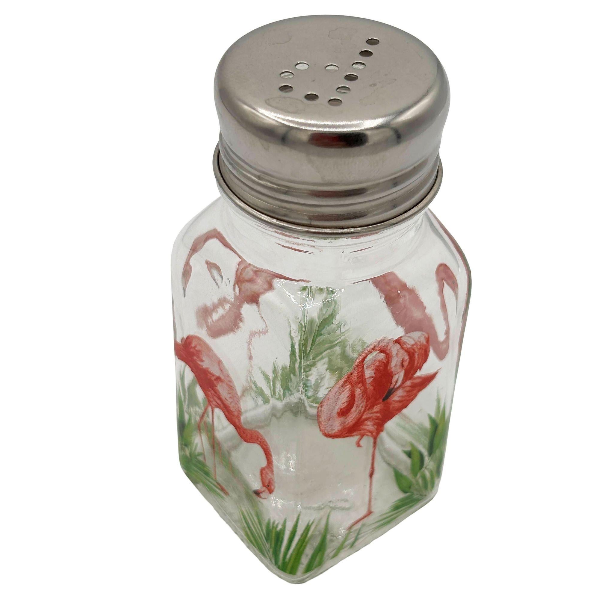 Hand Painted Pink Flamingo Glass Salt & Pepper Shakers by Michel Design Works In Excellent Condition For Sale In Van Nuys, CA