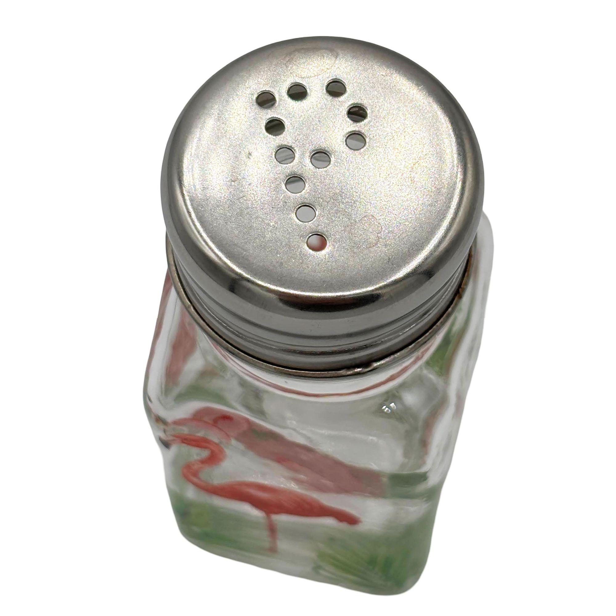 Late 20th Century Hand Painted Pink Flamingo Glass Salt & Pepper Shakers by Michel Design Works For Sale