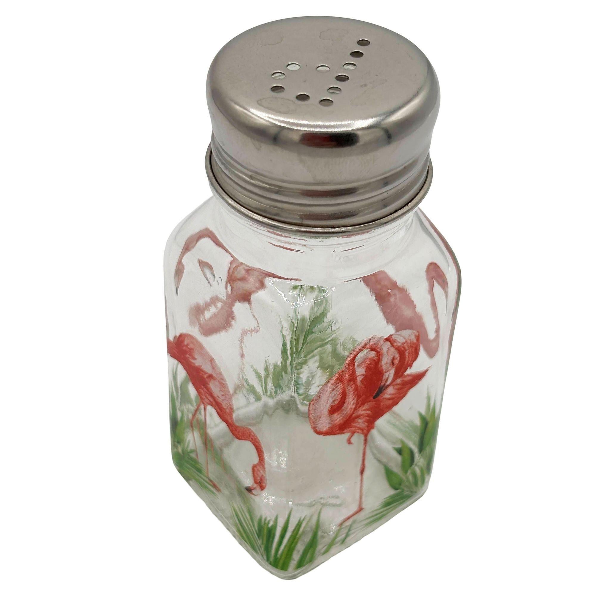 Steel Hand Painted Pink Flamingo Glass Salt & Pepper Shakers by Michel Design Works For Sale