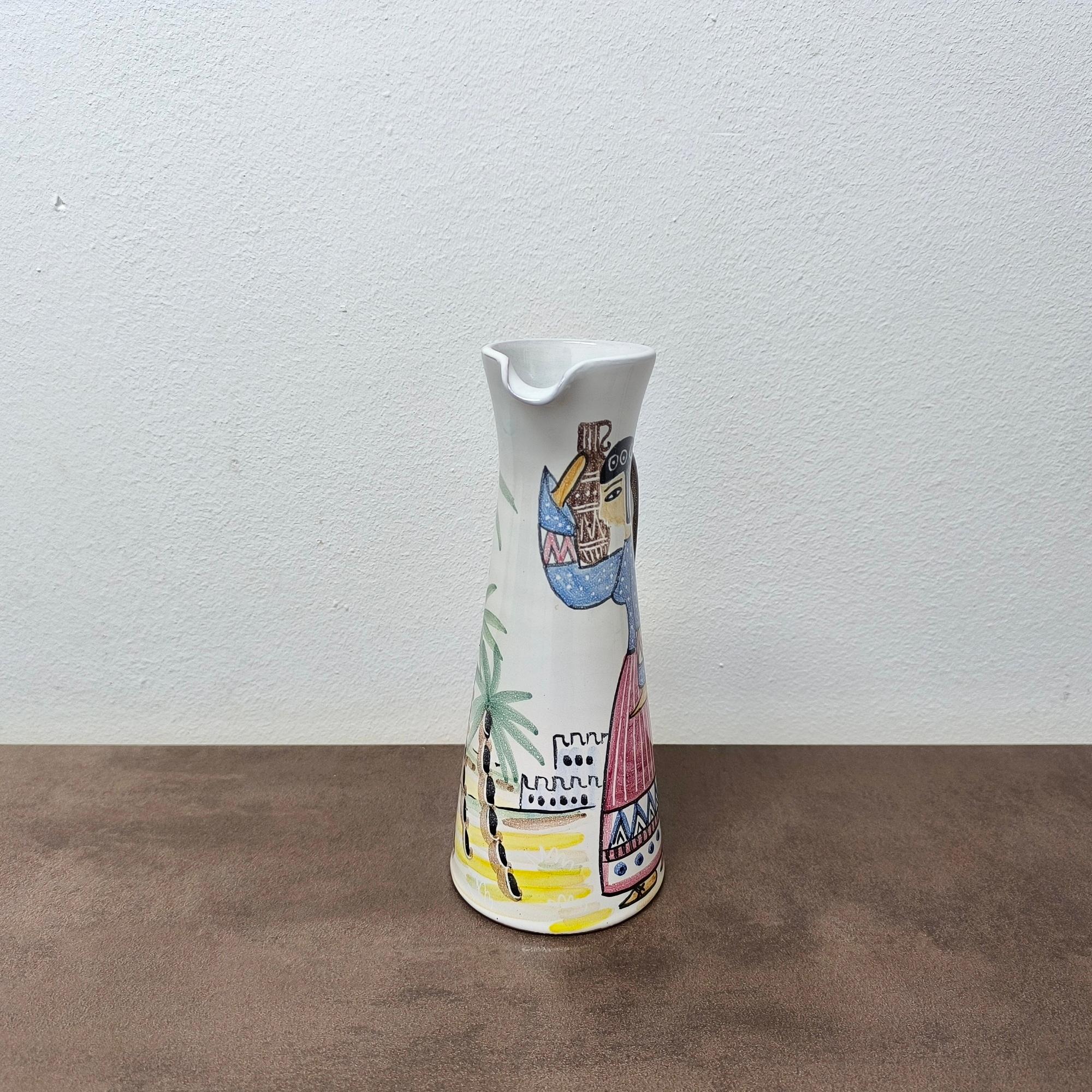 Mid-Century Modern Pichet peint à la main, vase en céramique par Laholm Keramik, Suède, années 1960 Trouvaille rare ! en vente