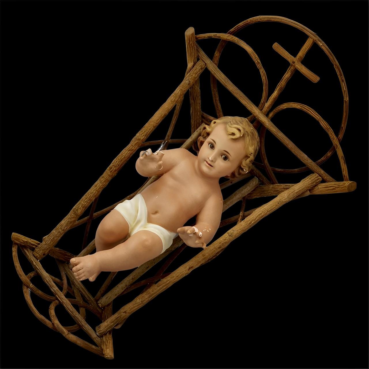 Hand Painted Plaster Baby Jesus in a Wooden Cradle  For Sale 7